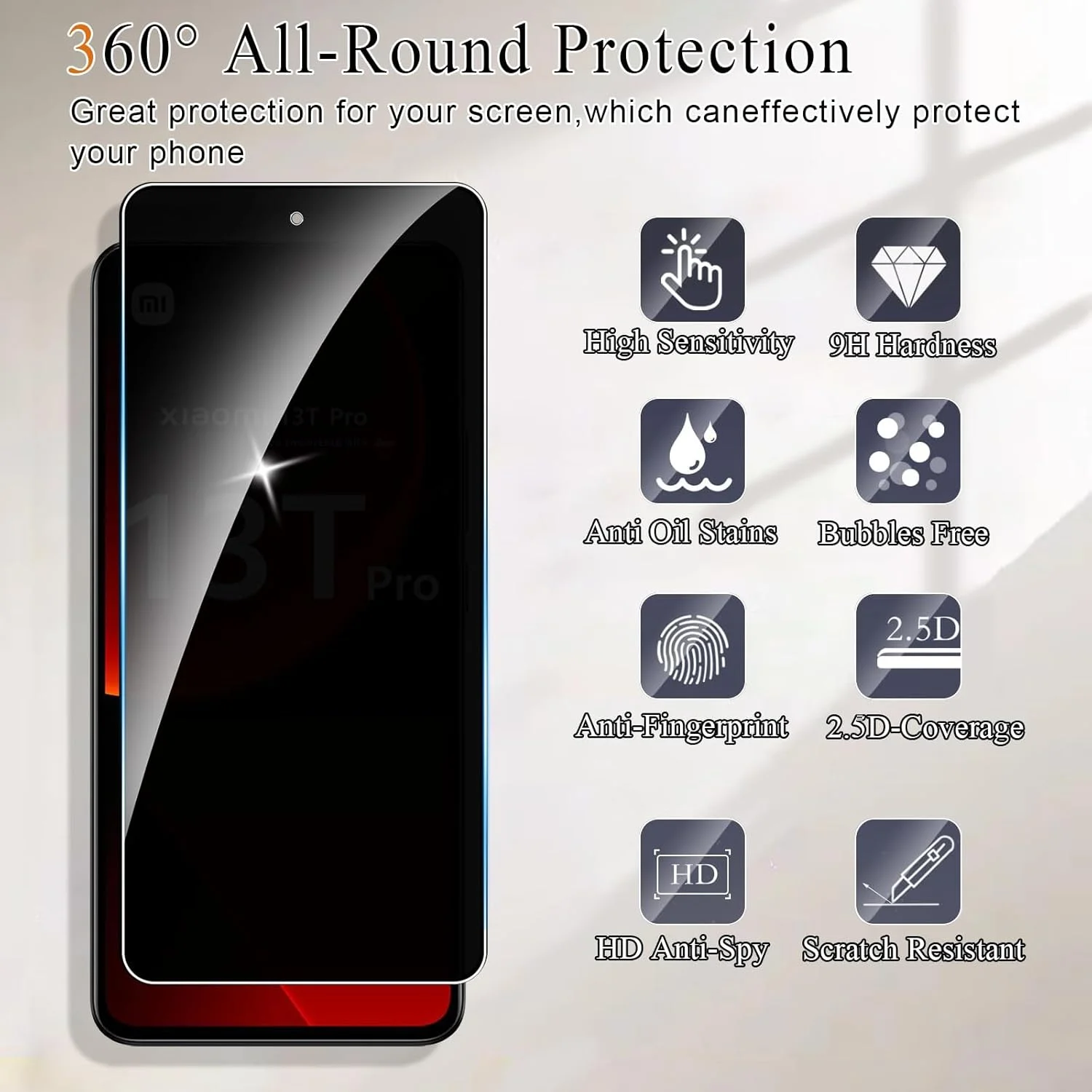 محافظ صفحه نمایش حریم خصوصی Lyphpe (2 عددی) برای شیائومی 13T Pro، شیشه حرارت دیده 9H ضد جاسوسی، سازگار با قاب شیائومی 13T Pro، نصب آسان