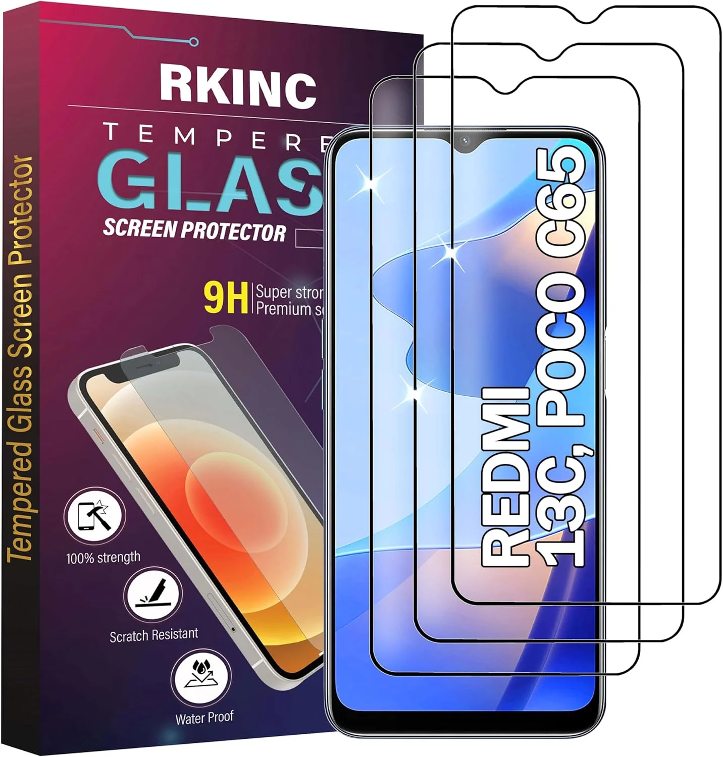محافظ صفحه نمایش شیشه ای حرارت دیده RKINC بسته 3 عددی برای گوشی شیائومی Redmi 13C و Poco C65، سختی 9H، ضخامت 0.33 میلی متر، شیشه HD [بدون حباب] [مقاوم در برابر خراش]