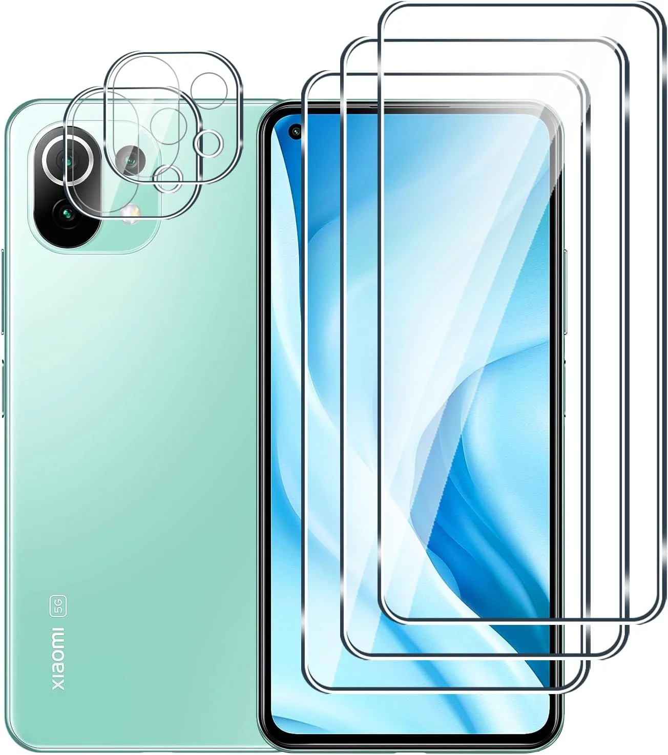 محافظ صفحه نمایش شیشه ای حرارت دیده Fyqzio [بسته 3+2 عددی] سازگار با شیائومی Mi 11 Lite 4G/5G و دوربین، بدون حباب، سختی 9H، ضد خش، محافظ صفحه نمایش HD برای شیائومی Mi 11 Lite 4G/5G