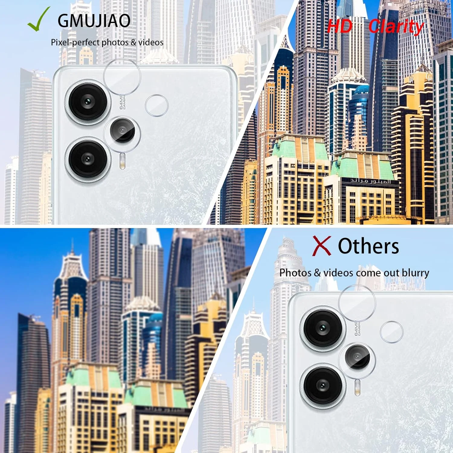 GMUJIAO [بسته 2+2] سازگار با شیائومی Redmi 13، محافظ صفحه نمایش شیشه ای حرارت دیده و محافظ لنز دوربین، فیلم شیشه ای حرارت دیده تمام صفحه HD [ضد شکستگی]