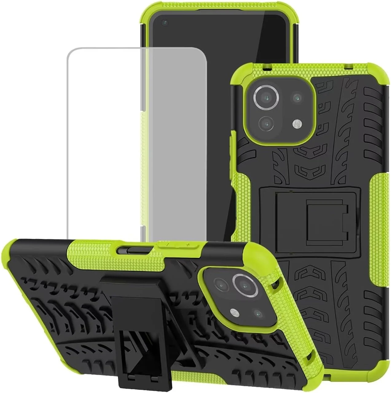 قاب محافظ Jhxtech برای گوشی شیائومی Mi 11 Lite/Xiaomi Mi 11 Lite 5G به همراه [2 عدد] محافظ صفحه نمایش شیشه ای حرارت دیده، [پایه استند] [محافظت سنگین] باریک و مقاوم برای شیائومی Mi 11 Lite 5G (سبز)