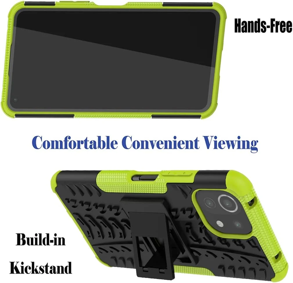 قاب محافظ Jhxtech برای گوشی شیائومی Mi 11 Lite/Xiaomi Mi 11 Lite 5G به همراه [2 عدد] محافظ صفحه نمایش شیشه ای حرارت دیده، [پایه استند] [محافظت سنگین] باریک و مقاوم برای شیائومی Mi 11 Lite 5G (سبز)