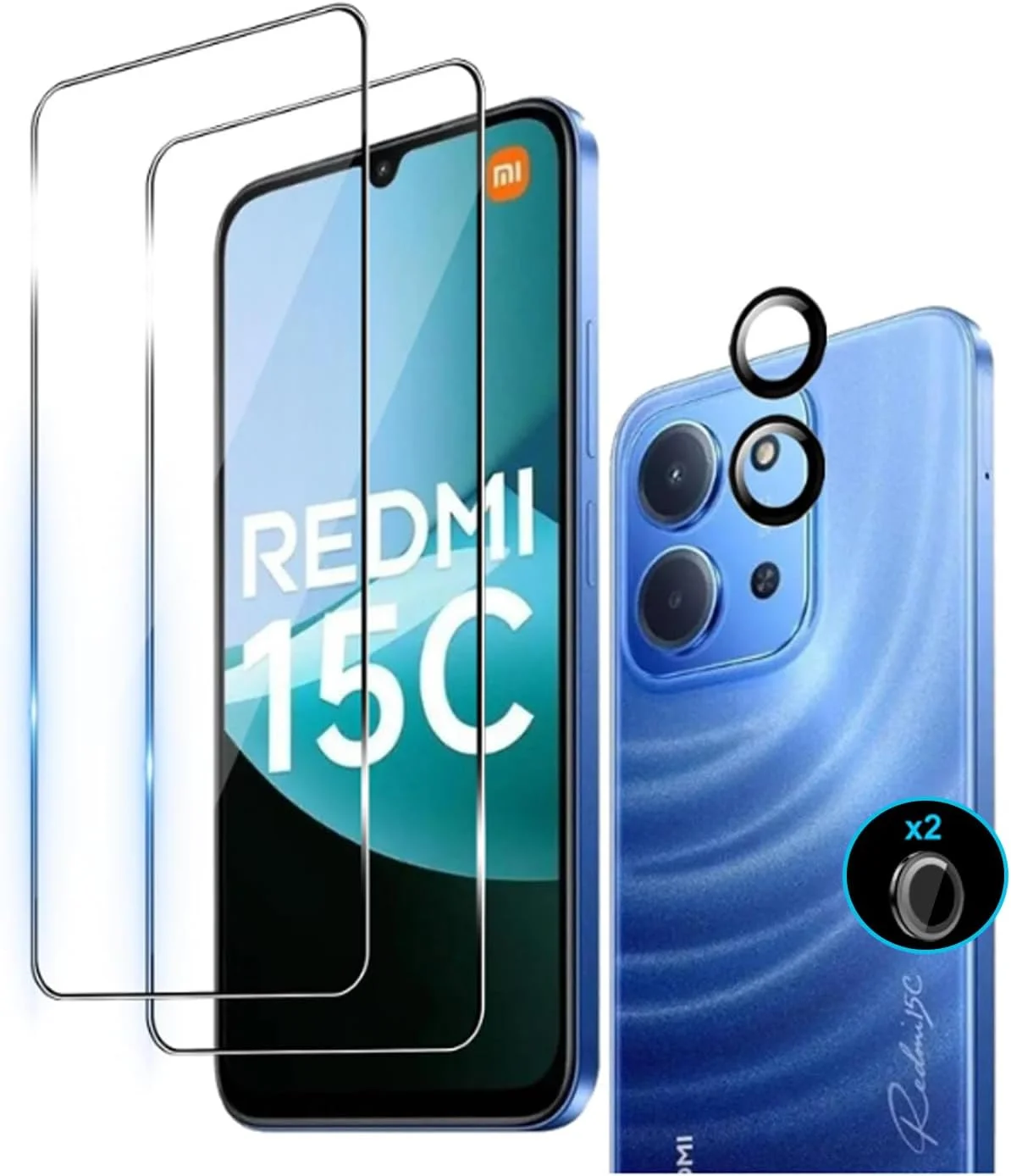محافظ صفحه نمایش Wookfiss برای گوشی شیائومی Redmi 15C 4G، شیشه حرارت دیده، بسته 2 عددی محافظ صفحه نمایش + 1 عدد محافظ دوربین، سختی 9H، ضد خش، ضد حباب، محافظ صفحه نمایش شفاف HD