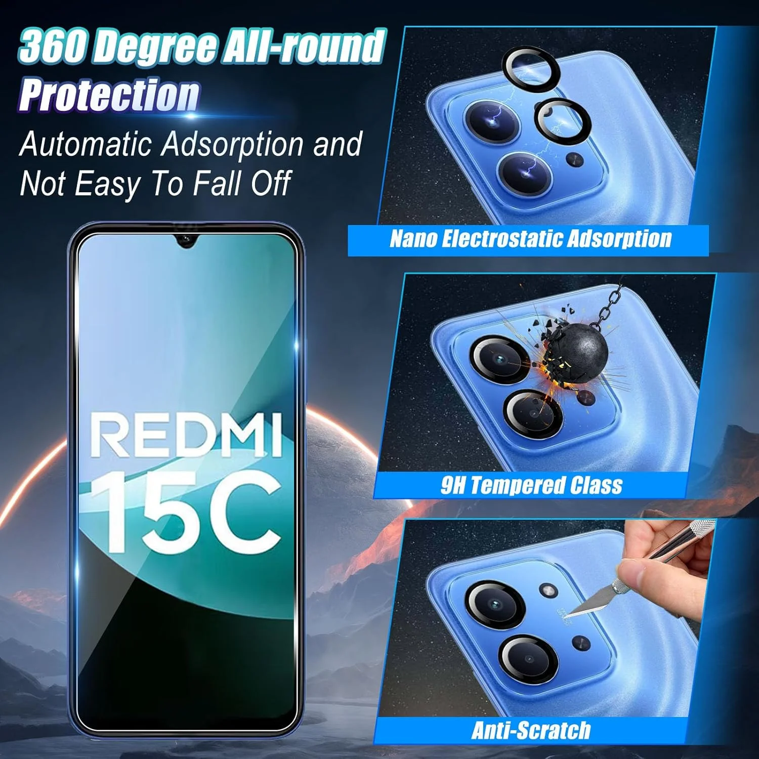 محافظ صفحه نمایش Wookfiss برای گوشی شیائومی Redmi 15C 4G، شیشه حرارت دیده، بسته 2 عددی محافظ صفحه نمایش + 1 عدد محافظ دوربین، سختی 9H، ضد خش، ضد حباب، محافظ صفحه نمایش شفاف HD