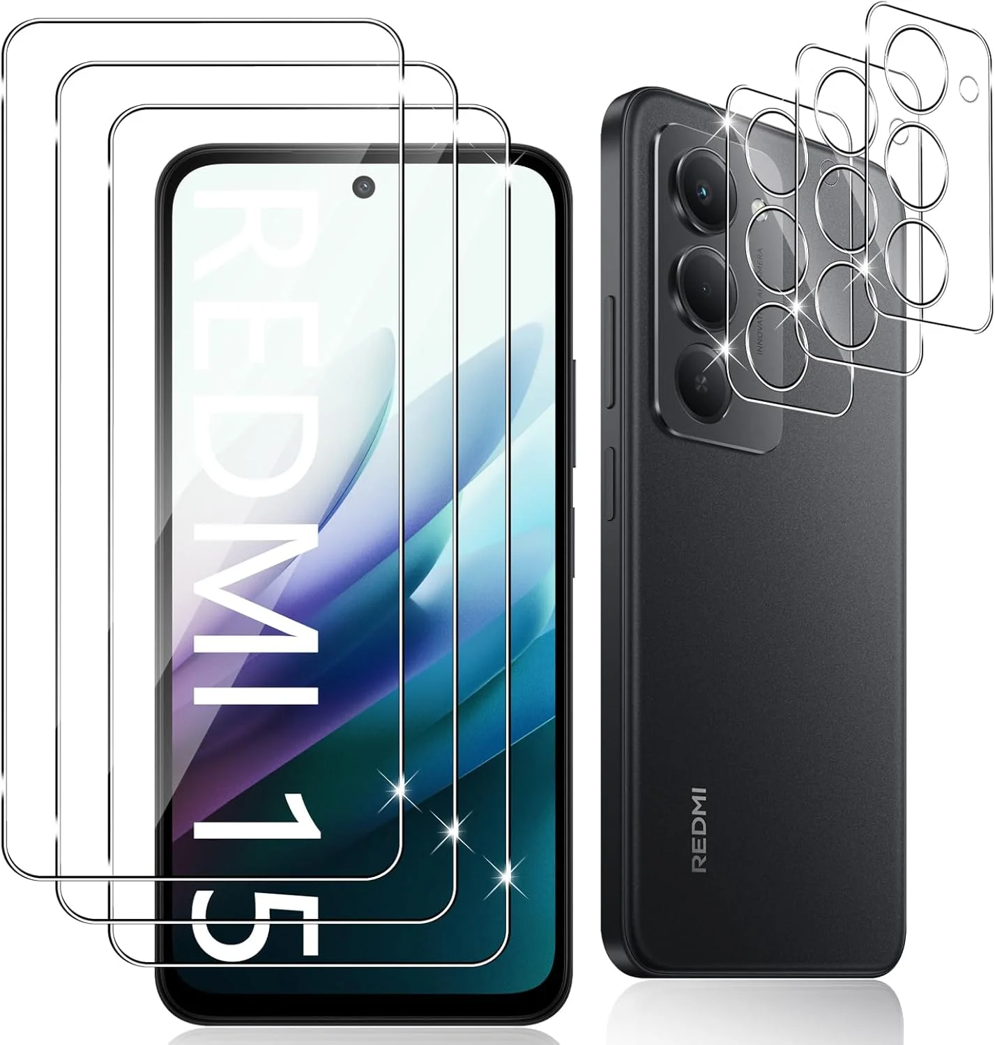 محافظ صفحه نمایش شیشه ای حرارت دیده 3 تکه Datree برای شیائومی Redmi 15، محافظ لنز دوربین عقب 3 تکه، سختی 9H / ضد خش / بدون حباب / فوق العاده مقاوم