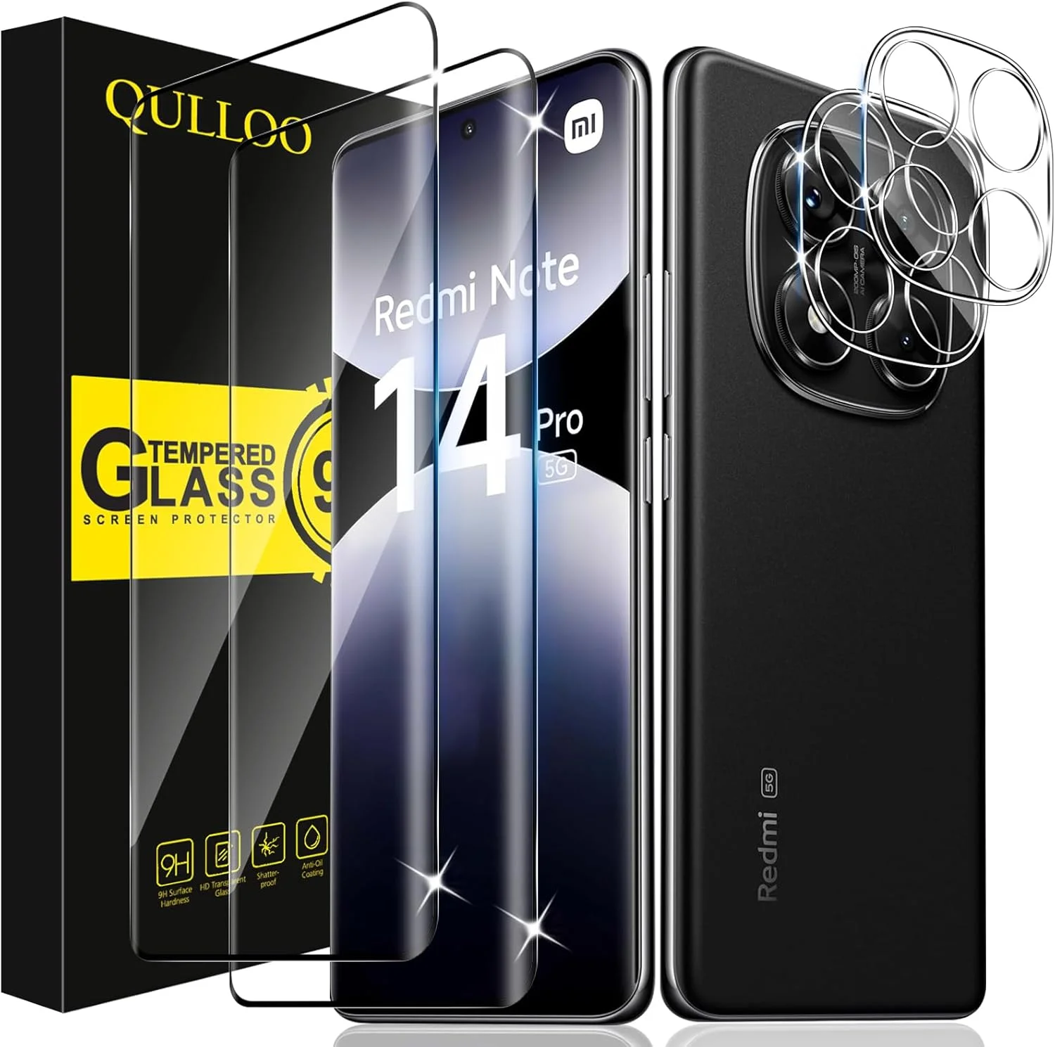 محافظ صفحه نمایش شیشه ای حرارتی QULLOO برای شیائومی Redmi Note 14 Pro 5G/Poco X7 5G، [2+2] تکه محافظ صفحه نمایش و محافظ دوربین عقب، فیلم محافظ صفحه نمایش با وضوح HD و ضد خش