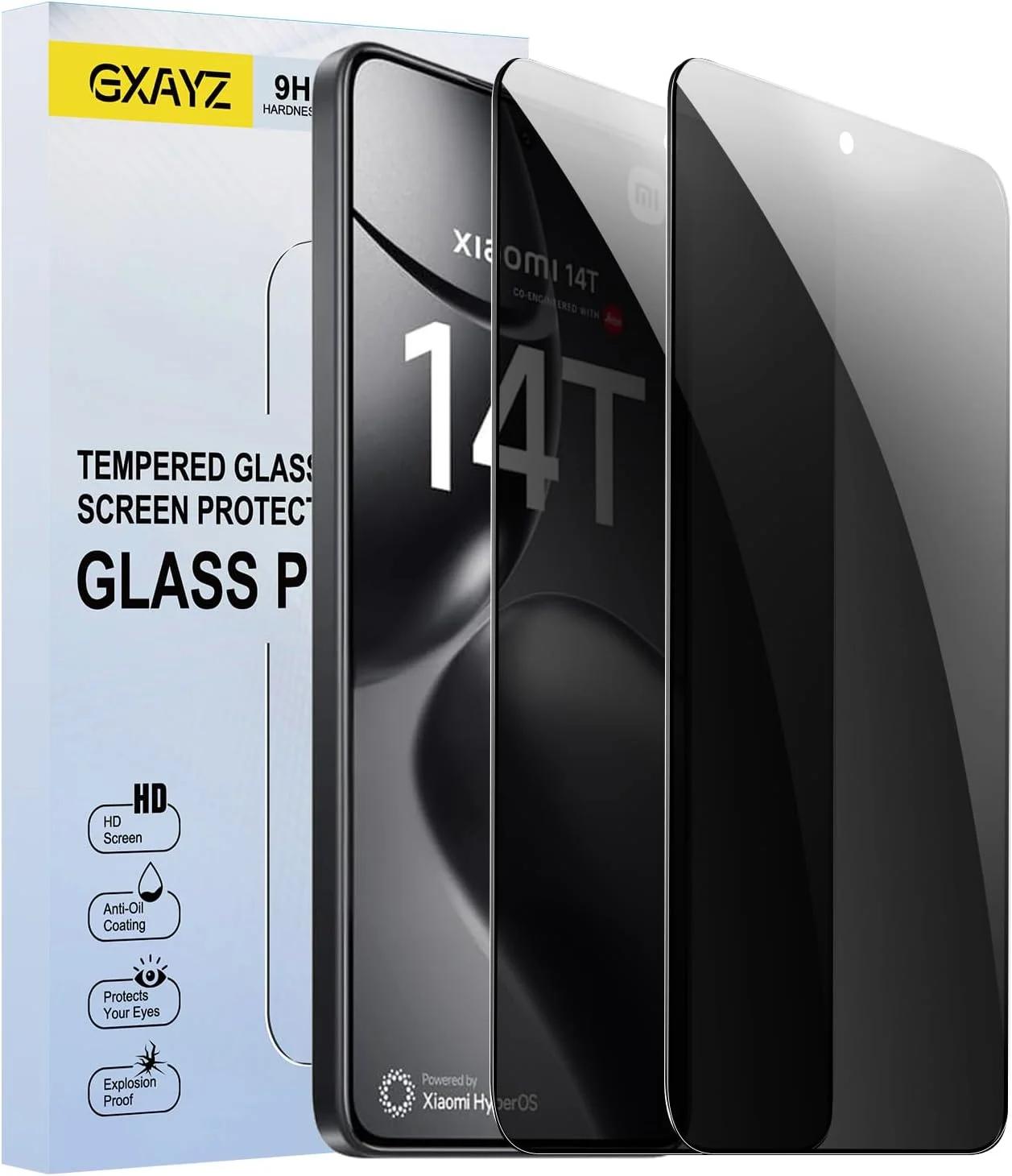 محافظ صفحه نمایش حریم خصوصی GXAYZ بسته 2 عددی برای شیائومی 14T/14T Pro، محافظ شیشه ای حریم خصوصی، فیلم ضد جاسوسی، شیشه محافظ ضد نگاه