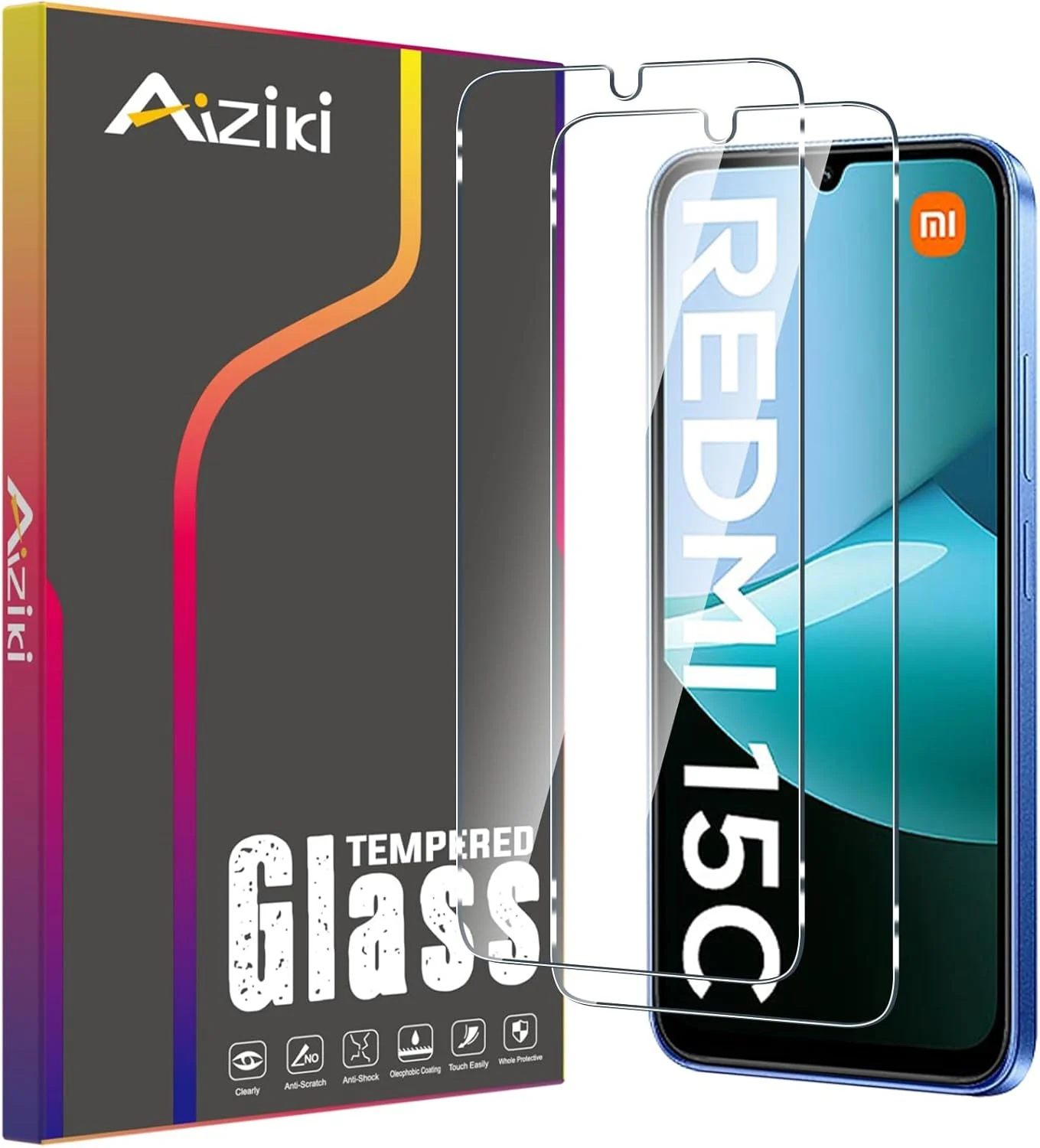 محافظ صفحه نمایش شیشه ای حرارت دیده Aiziki برای شیائومی Redmi 15C 4G [بسته 2 عددی] - ضد ضربه، ضد شکستگی، ضد خش، شفافیت HD و بدون خش