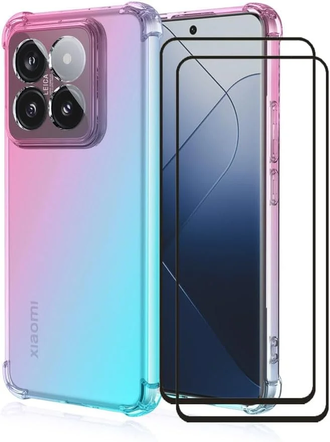 کاور محافظ گوشی RonRun برای شیائومی 14 پرو به همراه 2 محافظ صفحه نمایش شیشه ای حرارت دیده، TPU ضد خش، رنگ گرادیان شفاف، صورتی سبز