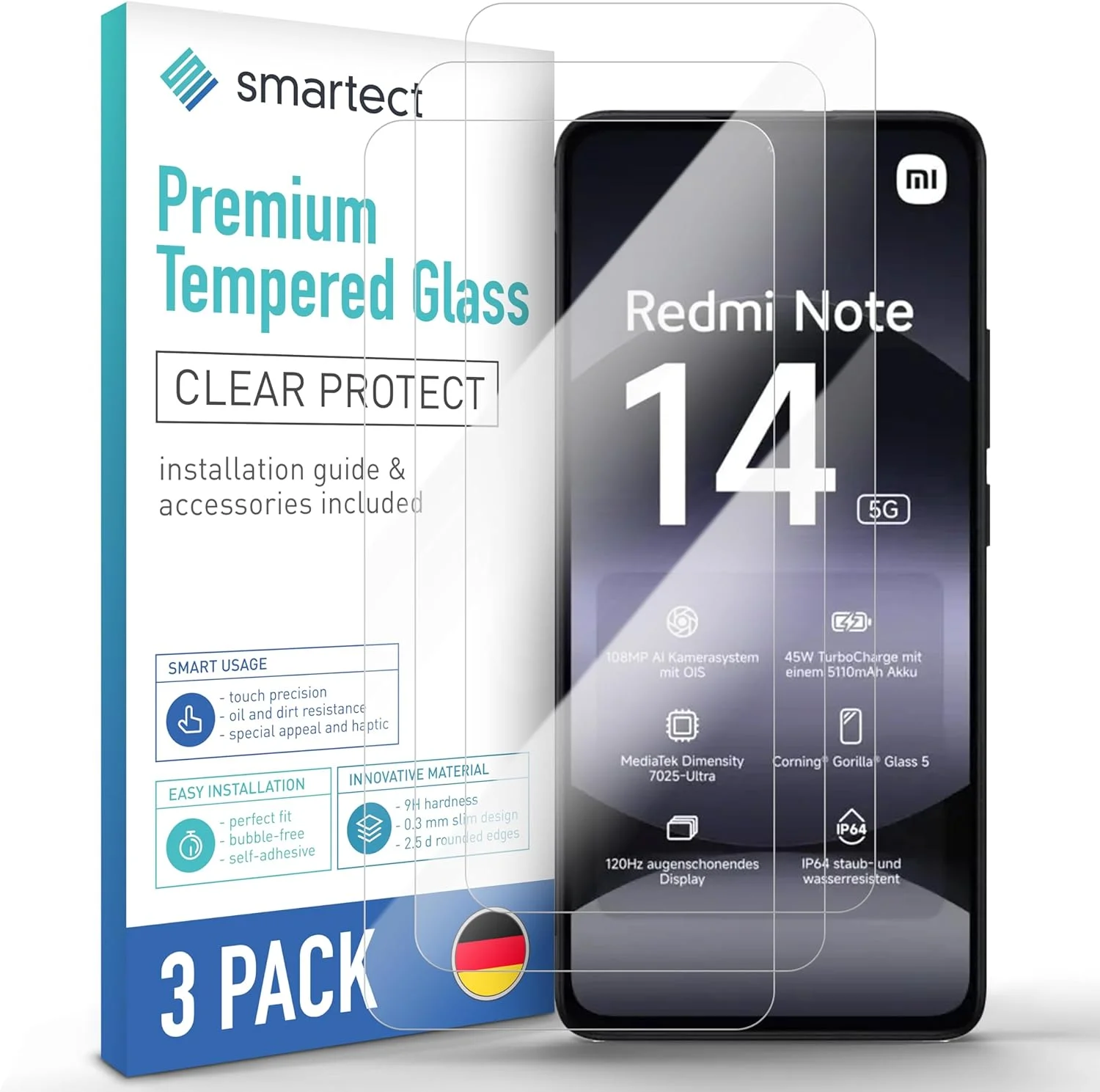 محافظ صفحه نمایش شیشه ای حرارت دیده [3 عدد، شفاف] smartect برای شیائومی Redmi Note 14 5G، محافظ صفحه نمایش HD، ضد خش، بدون حباب، سختی 9H، 0.3 میلی متر، فوق العاده شفاف، مقاوم