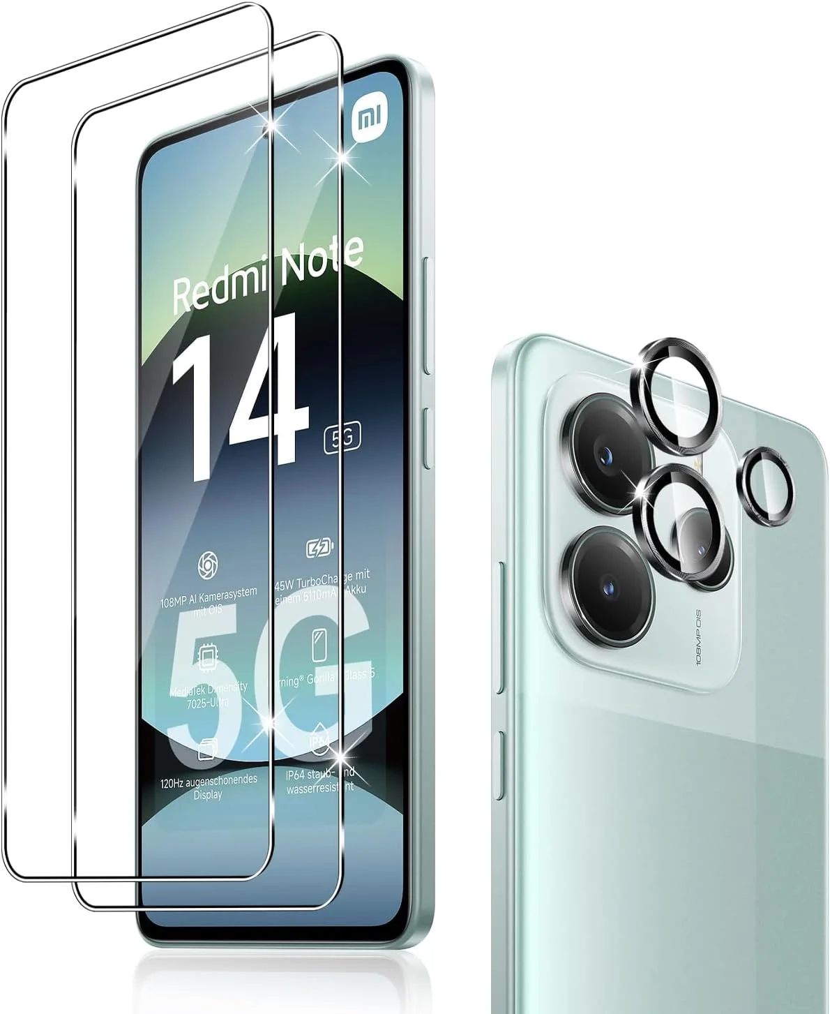 محافظ صفحه نمایش شیشه ای و محافظ لنز دوربین Holilo [2+2 تکه] برای شیائومی Redmi Note 14 5G، سختی 9H ضد خش و بدون حباب