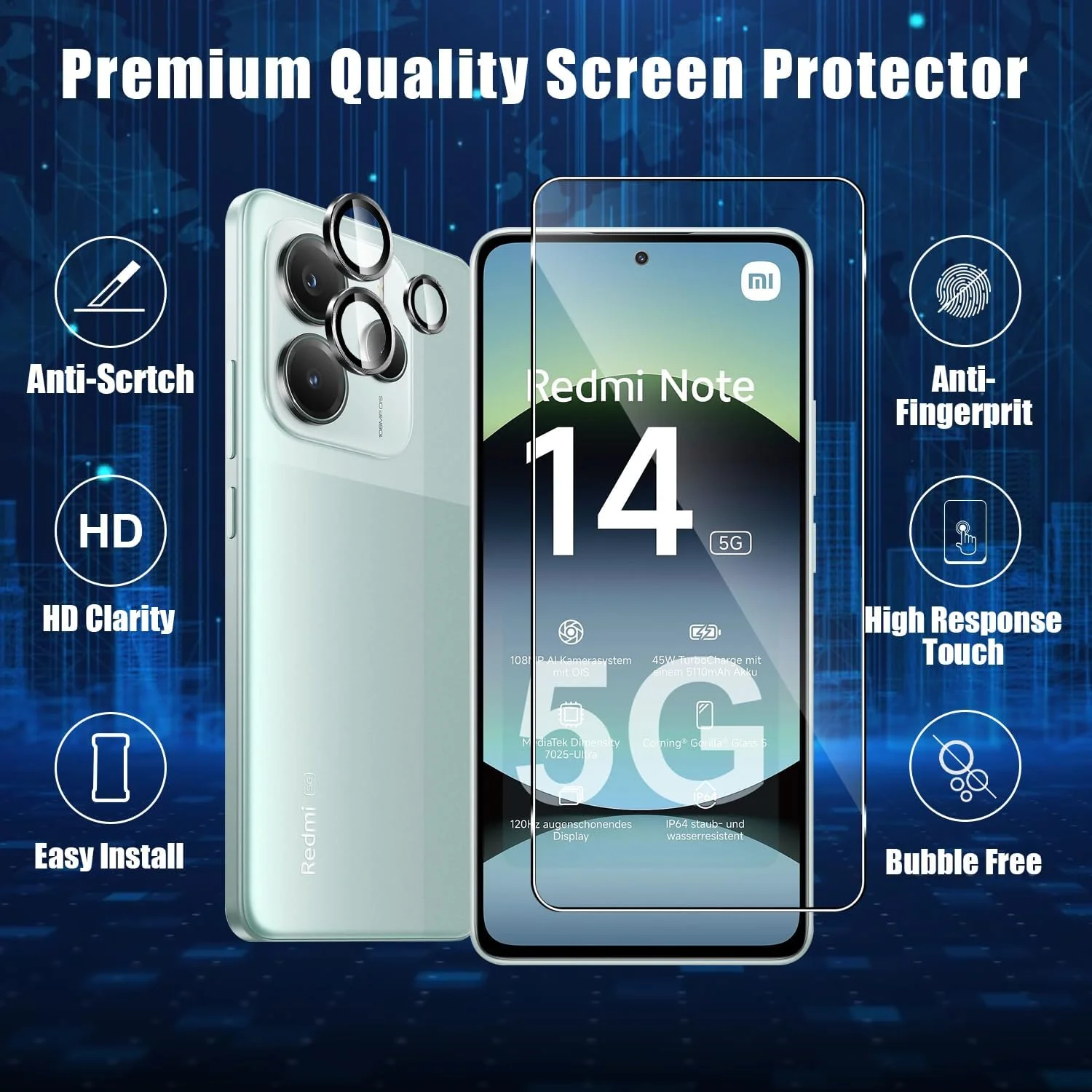 محافظ صفحه نمایش شیشه ای و محافظ لنز دوربین Holilo [2+2 تکه] برای شیائومی Redmi Note 14 5G، سختی 9H ضد خش و بدون حباب