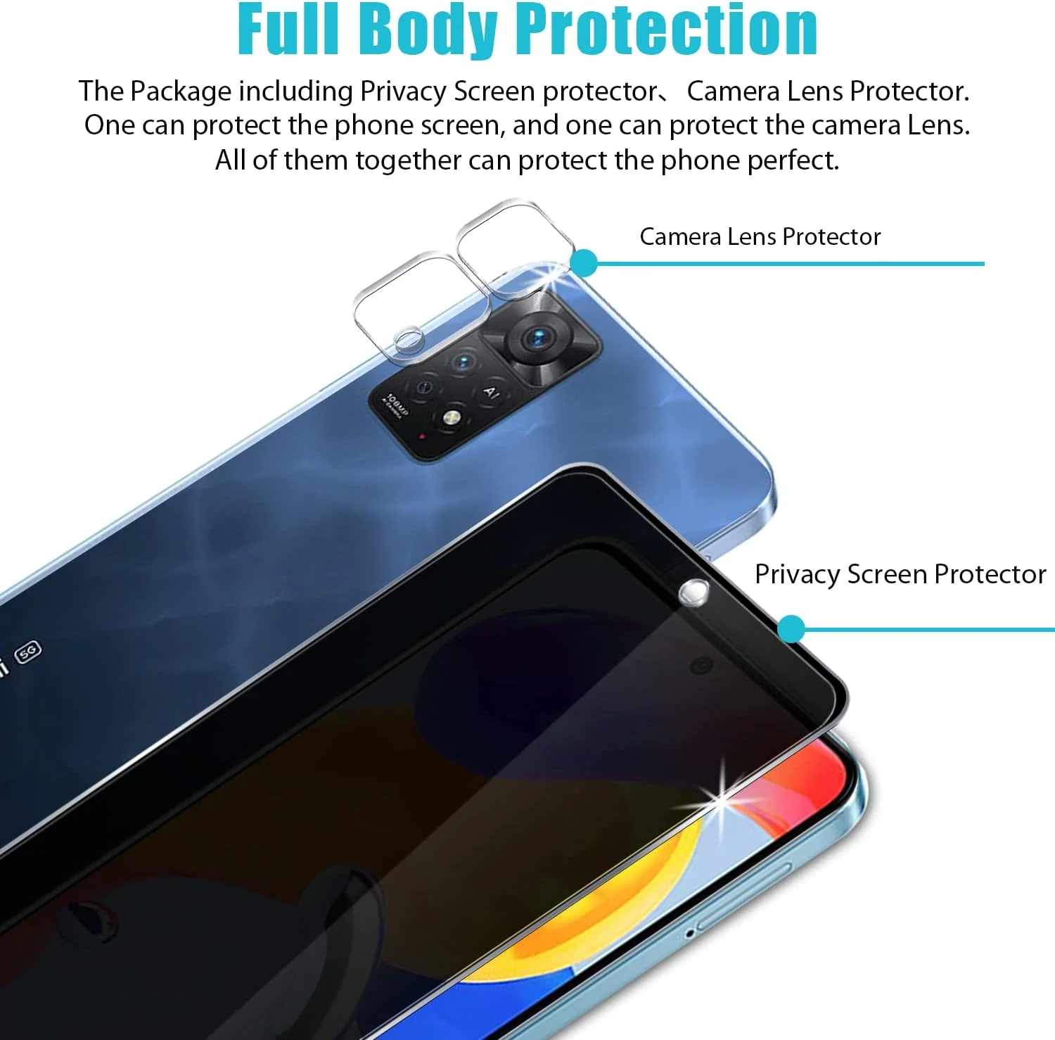 محافظ صفحه نمایش شیشه ای حریم خصوصی زکینگ [2+2 بسته] برای شیائومی Redmi Note 11 Pro 5G و محافظ لنز دوربین، [ضد خش] وضوح HD سختی 9H بدون حباب