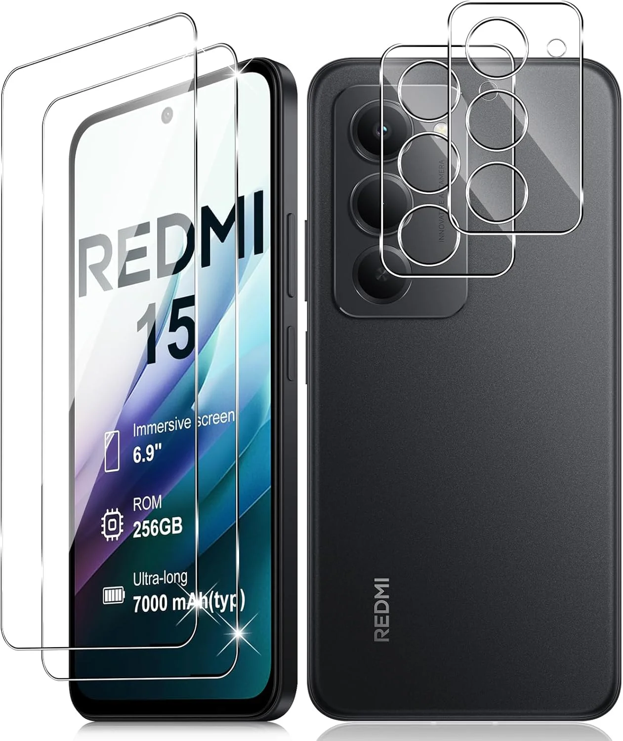 محافظ صفحه نمایش شیشه ای Vanrain برای شیائومی Redmi 15 4G، 2 عدد محافظ صفحه و 2 عدد محافظ دوربین، سختی 9H، وضوح HD، ضد خش