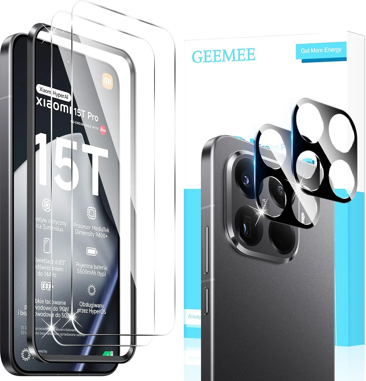 محافظ صفحه نمایش شیشه ای حرارت دیده GEEMEE برای شیائومی 15T Pro، بسته 2 عددی محافظ صفحه نمایش + 2 عدد محافظ دوربین (مشکی)، سختی 9H، ضد خش، شیشه محافظ HD شفاف، محافظ صفحه نمایش بدون حباب