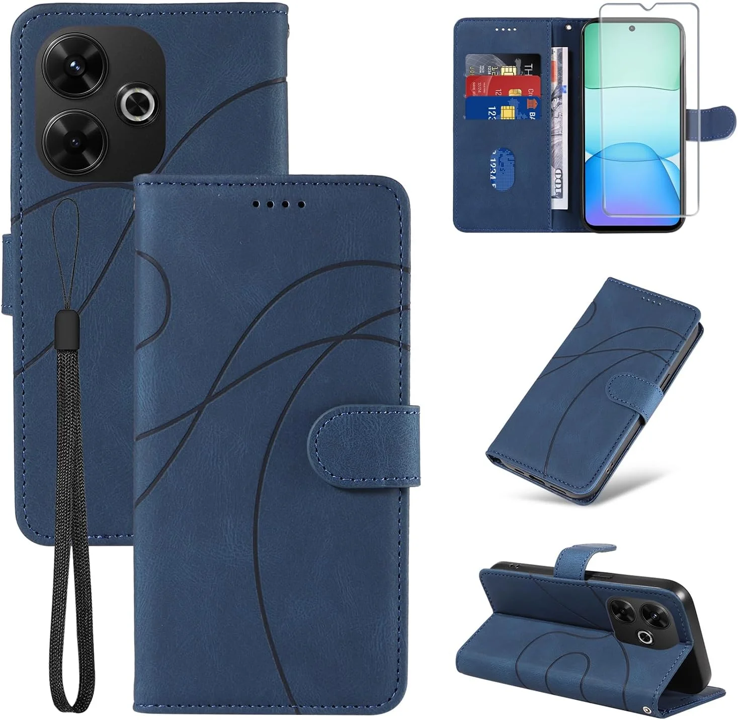 کاور FHSYCR برای گوشی شیائومی Redmi 13 4G به همراه یک عدد محافظ صفحه نمایش شیشه ای، کیف پول چرمی PU با کیفیت عالی برای شیائومی Redmi 13 4G، [دارای جای کارت] [قابلیت استند] - آبی