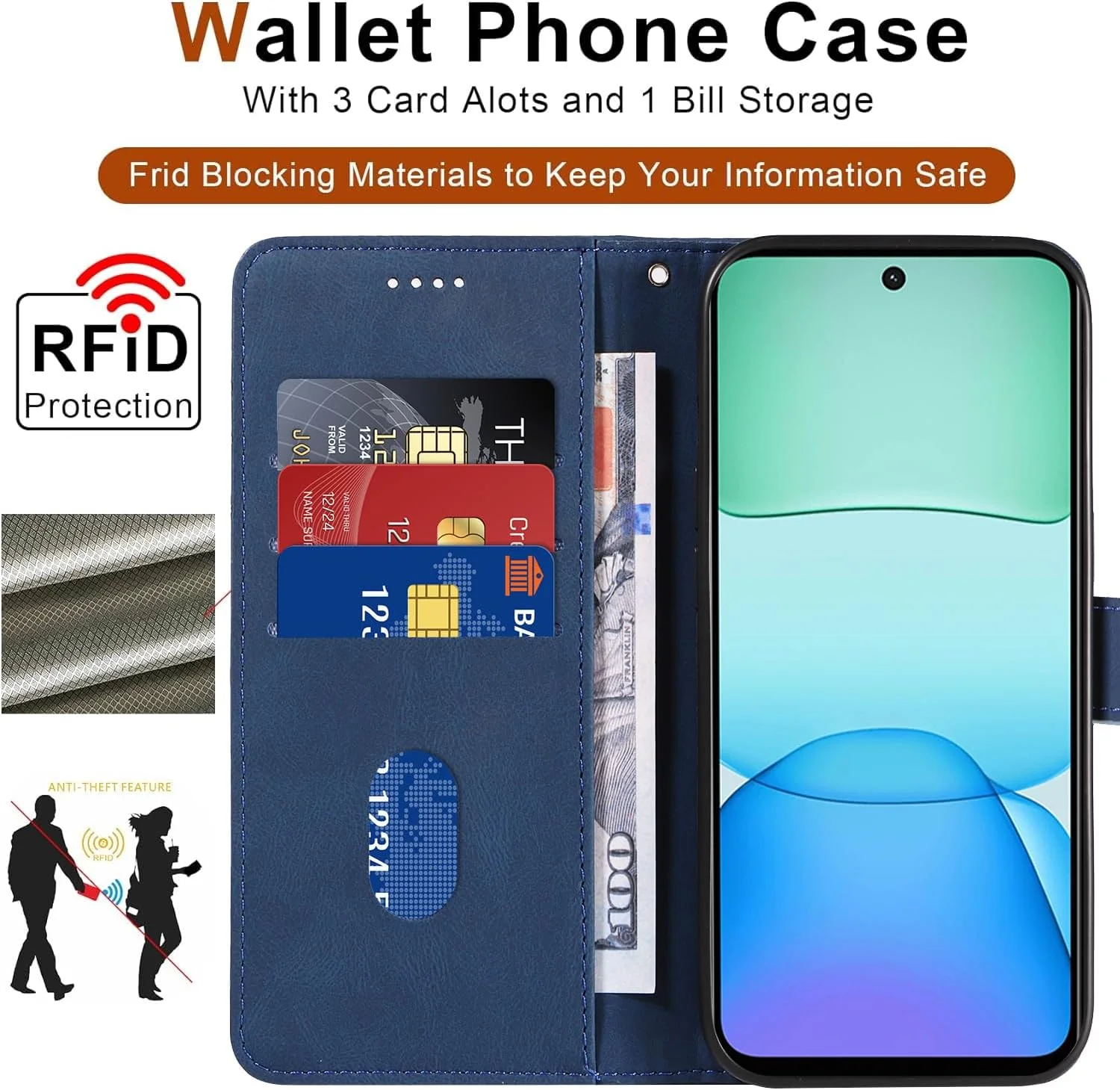 کاور FHSYCR برای گوشی شیائومی Redmi 13 4G به همراه یک عدد محافظ صفحه نمایش شیشه ای، کیف پول چرمی PU با کیفیت عالی برای شیائومی Redmi 13 4G، [دارای جای کارت] [قابلیت استند] - آبی