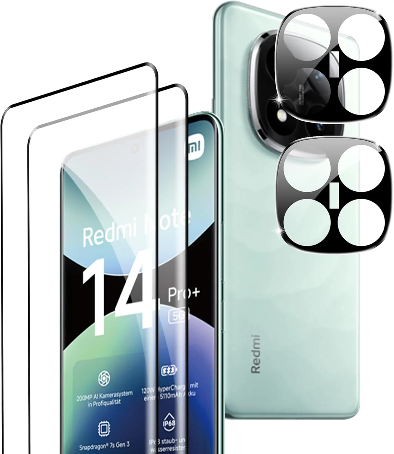 محافظ صفحه نمایش شیشه ای حرارت دیده Rojeuinn برای گوشی شیائومی Redmi Note 14 Pro Plus 5G، [بسته 2 عددی محافظ شیشه ای + 2 عدد محافظ دوربین]، محافظ صفحه نمایش ضد خش با سختی 9H، محافظ صفحه نمایش HD