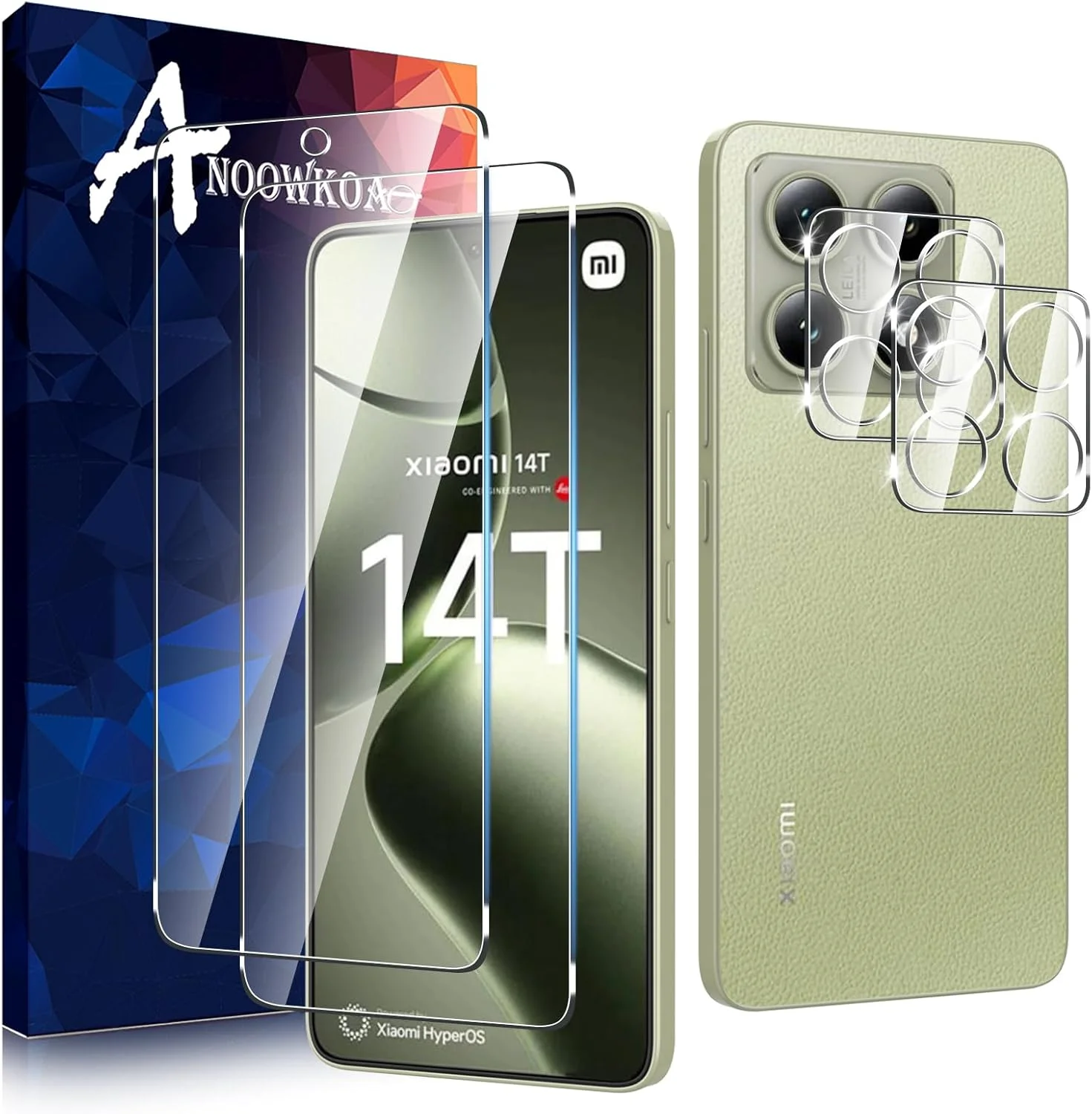 محافظ صفحه نمایش و محافظ لنز دوربین Anoowkoa مدل 2+2 عددی برای گوشی شیائومی 14T، فیلم شیشه ای حرارت دیده، ضد اثر انگشت