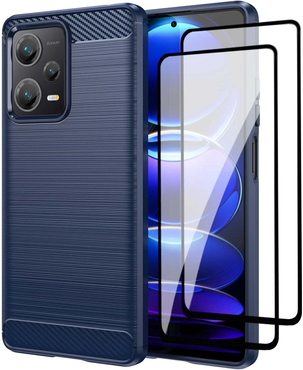 قاب گوشی QINOUK برای شیائومی Redmi Note 12 Explorer، طراحی بافت برس خورده [ضد اثر انگشت]، قاب TPU نرم با محافظ صفحه نمایش شیشه ای حرارت دیده [2 عددی] برای شیائومی Redmi Note 12 Explorer - آبی