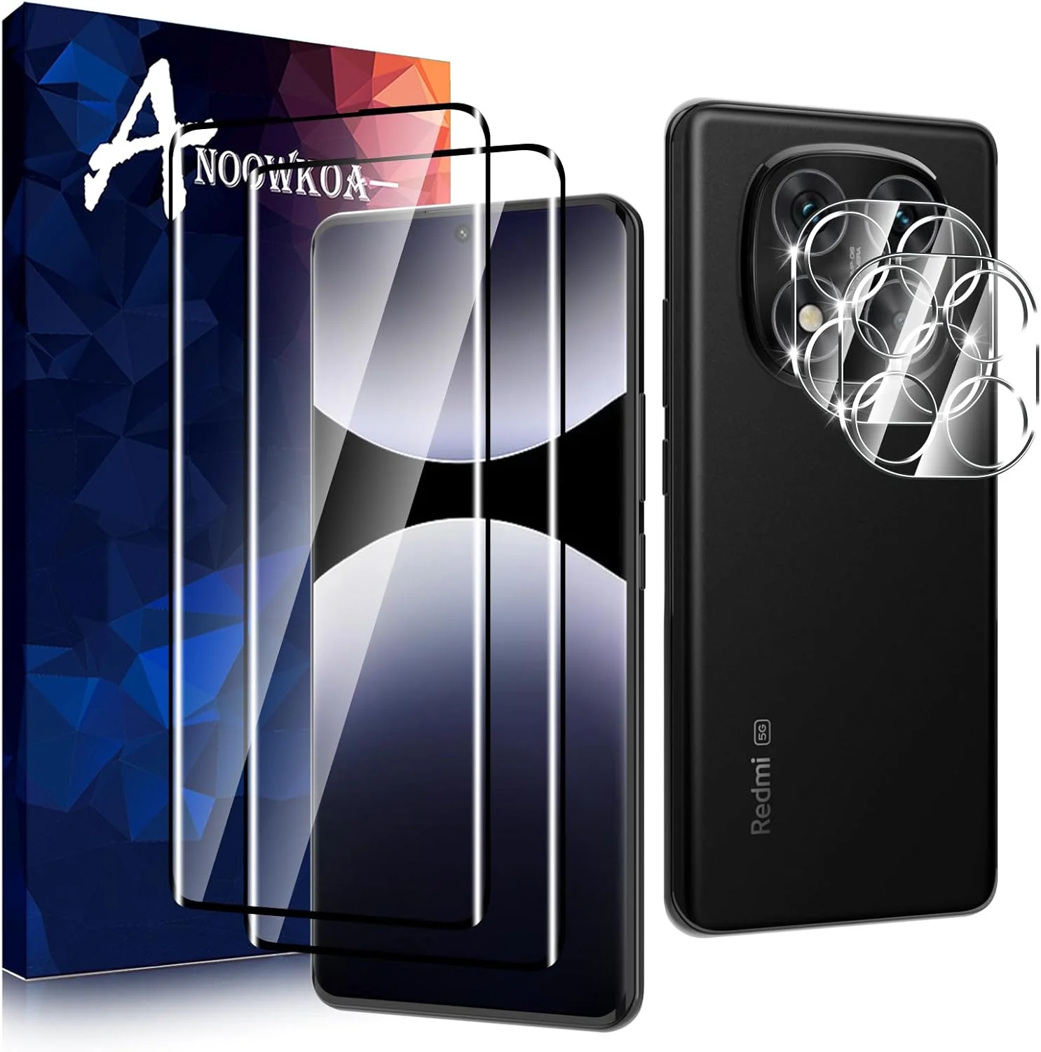 محافظ صفحه نمایش و محافظ لنز دوربین شیشه ای تمپر شده آنووکوا (بسته 2+2) مناسب برای گوشی شیائومی ردمی نوت 14 پرو 5G، فیلم محافظ ضد اثر انگشت