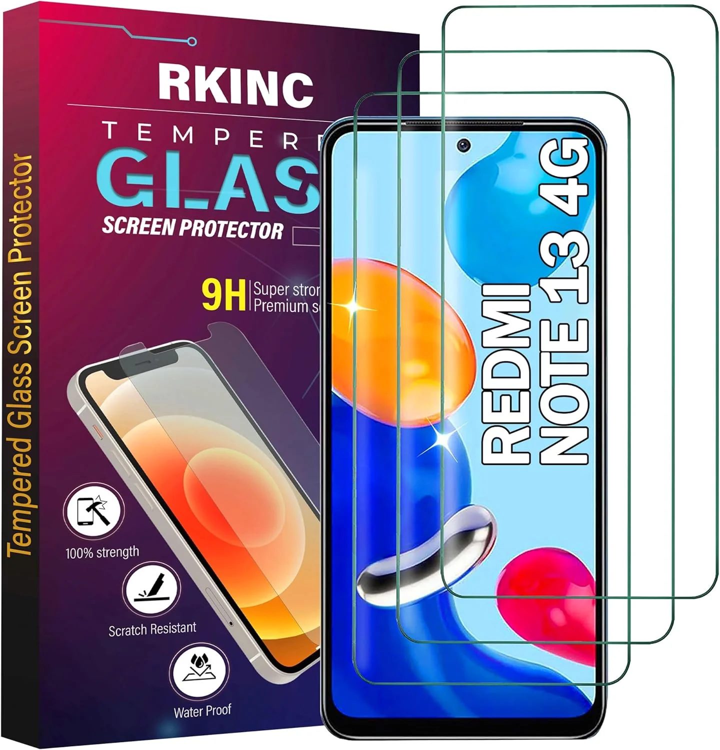 محافظ صفحه نمایش شیشه ای حرارت دیده RKINC [بسته 3 عددی] برای گوشی شیائومی Redmi Note 13 4G، محافظ صفحه، شیشه HD با سختی 9H و ضخامت 0.33 میلی متر [بدون حباب] [مقاوم در برابر خراش]