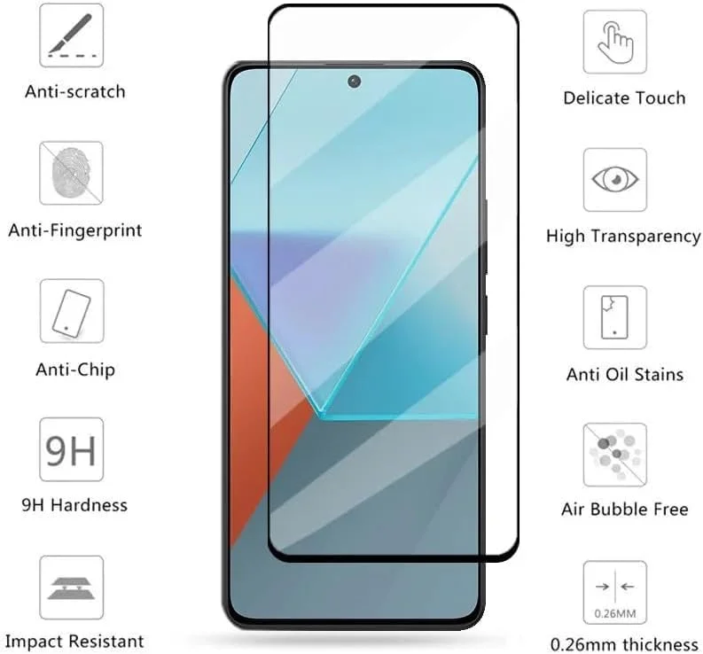 محافظ صفحه نمایش عمومی برای ردمی نوت 13 پرو، بسته 2 عددی، محافظ صفحه شیشه ای حرارت دیده شفاف HD مقاوم در برابر خراش برای ردمی نوت 13 پرو 5D مشکی