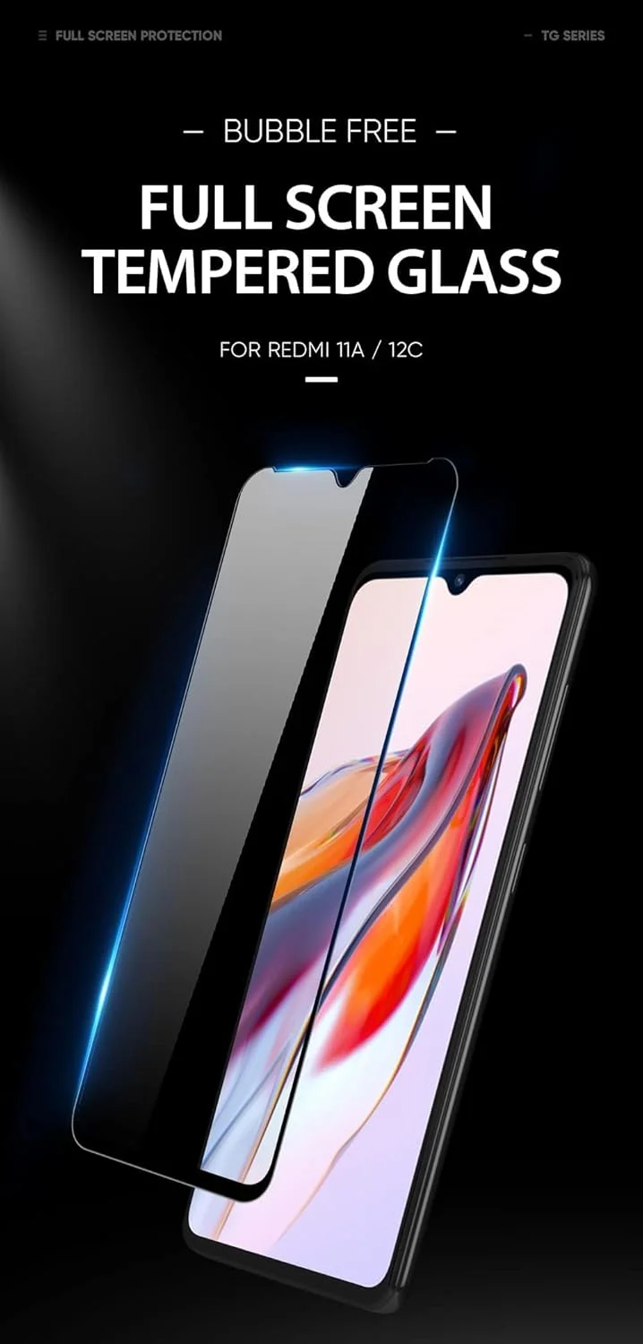 محافظ صفحه نمایش شیشه ای تمپرد شیائومی Redmi 12C / 10C / 11A / Poco C40 / Poco C55 با چسب کامل و پوشش لبه به لبه، محصول Emodil ® برای شیائومی Redmi 12C