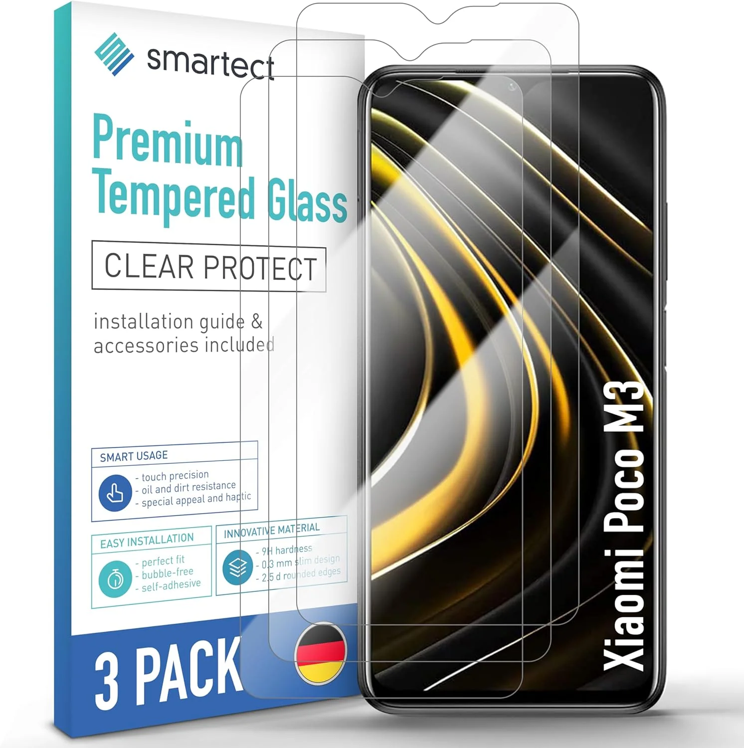 محافظ صفحه نمایش شیشه ای تمپرد [3 عدد، شفاف] smartect برای شیائومی پوکو M3، محافظ صفحه نمایش HD ضد خش، بدون حباب، سختی 9H، 0.3 میلی متر فوق العاده شفاف، فوق العاده مقاوم