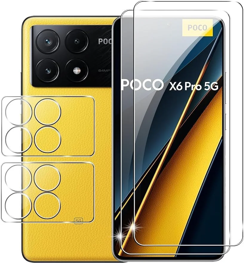 محافظ صفحه نمایش شیشه ای 2+2 عددی Gruattreay سازگار با گوشی شیائومی Poco X6 Pro 5G به همراه محافظ لنز دوربین، سختی 9H، ضد خش، ضد اثر انگشت