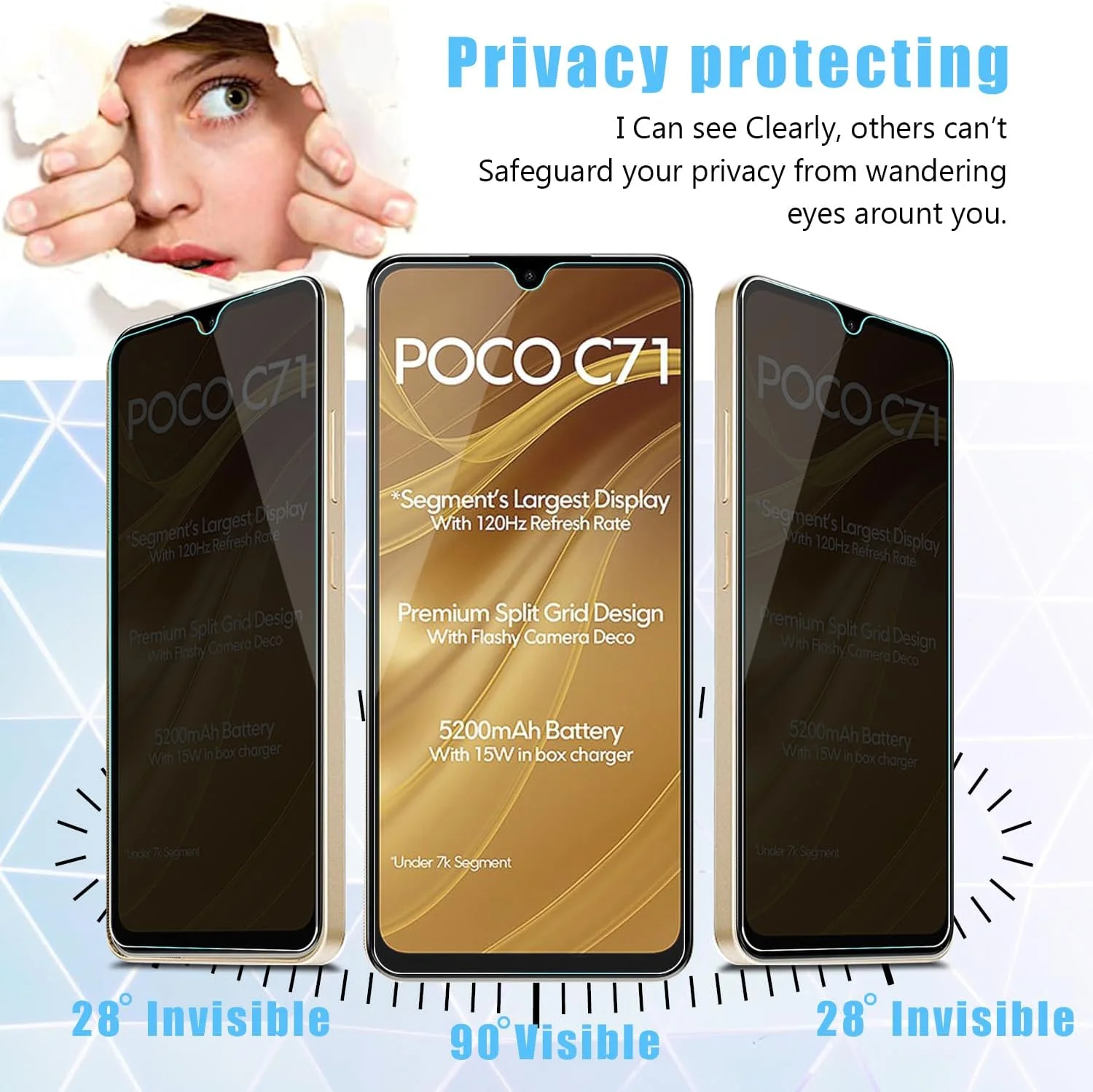 محافظ صفحه نمایش حریم خصوصی گرآتری مدل [2 عددی] سازگار با شیائومی POCO C71، ضد جاسوسی، سختی 9H ضد خش، شیشه حرارت دیده بدون حباب