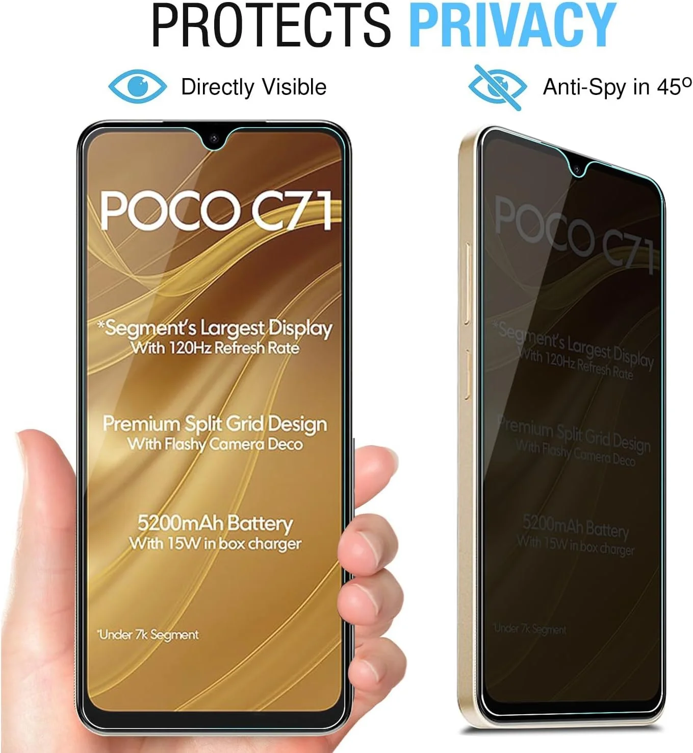 محافظ صفحه نمایش حریم خصوصی گرآتری مدل [2 عددی] سازگار با شیائومی POCO C71، ضد جاسوسی، سختی 9H ضد خش، شیشه حرارت دیده بدون حباب