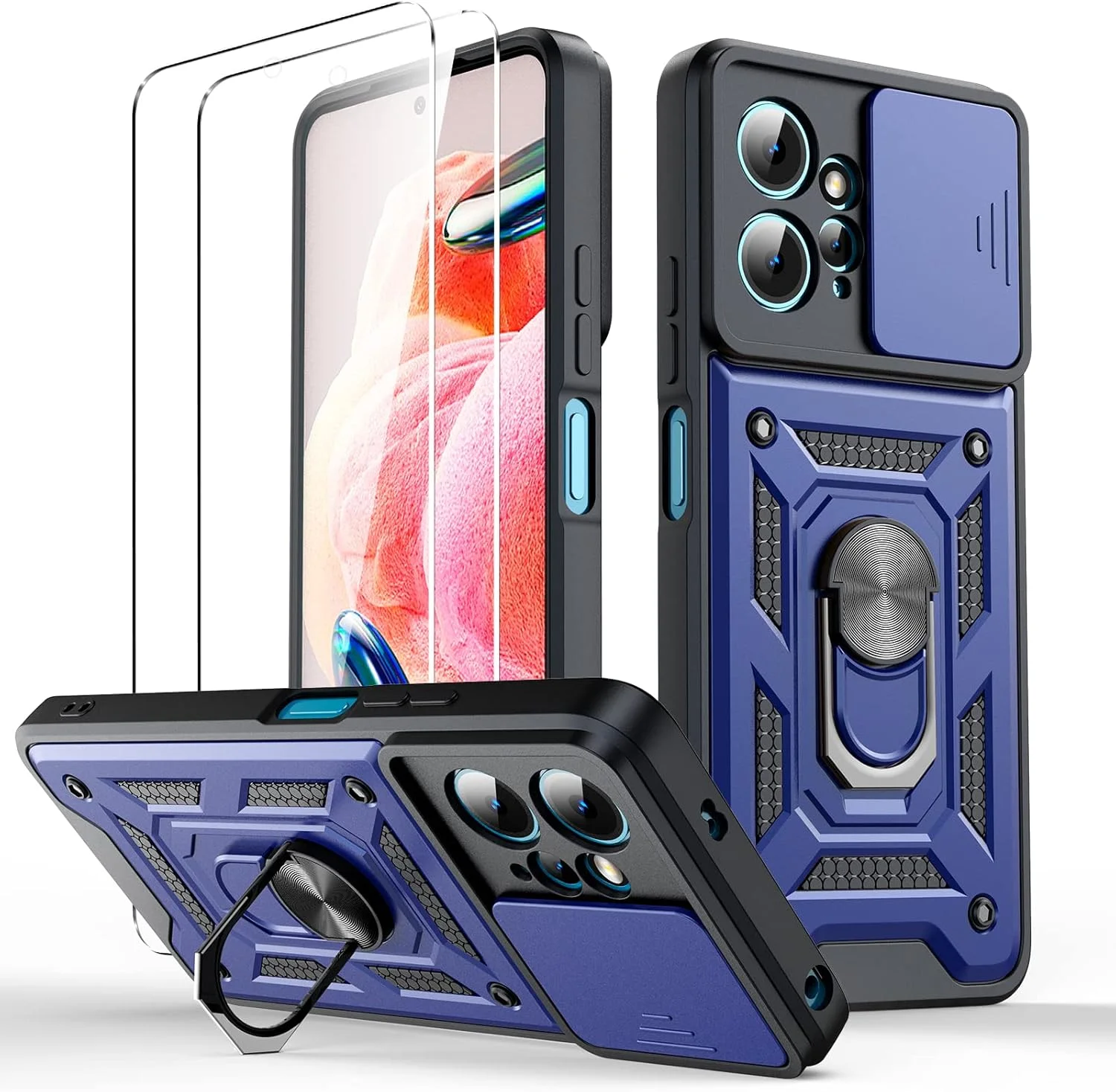 اودودیانزی - قاب گوشی شیائومی ردمی نوت 12 4G [نه برای: 5G]، [2 عدد شیشه حرارت دیده]، پوشش لنز کشویی، ضد ضربه و ضد خش، نگهدارنده تلفن چرخشی 360 درجه - آبی