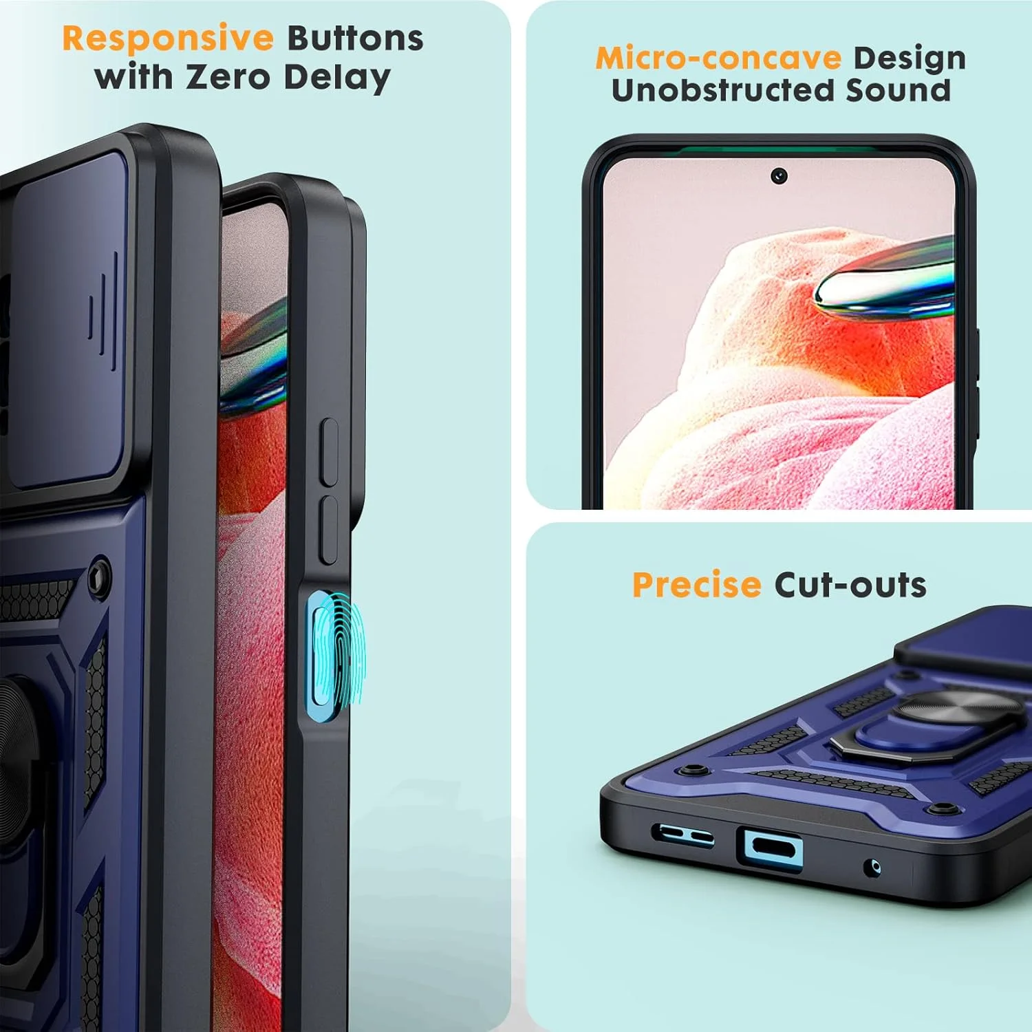 اودودیانزی - قاب گوشی شیائومی ردمی نوت 12 4G [نه برای: 5G]، [2 عدد شیشه حرارت دیده]، پوشش لنز کشویی، ضد ضربه و ضد خش، نگهدارنده تلفن چرخشی 360 درجه - آبی