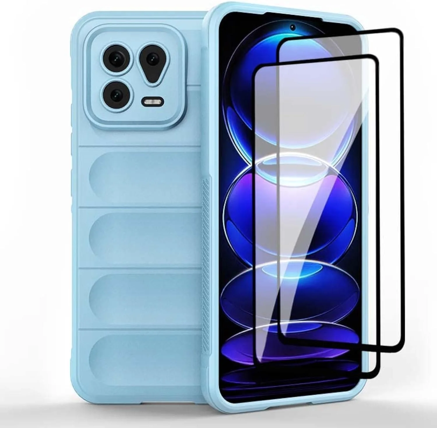 QINOUK Case for Xiaomi 13, Flexible TPU Anti-scratch Case, 10 Invisible Airbag Design, with [2-Pack] Tempered Glass Screen Protector, for Xiaomi 13-Sky Blue