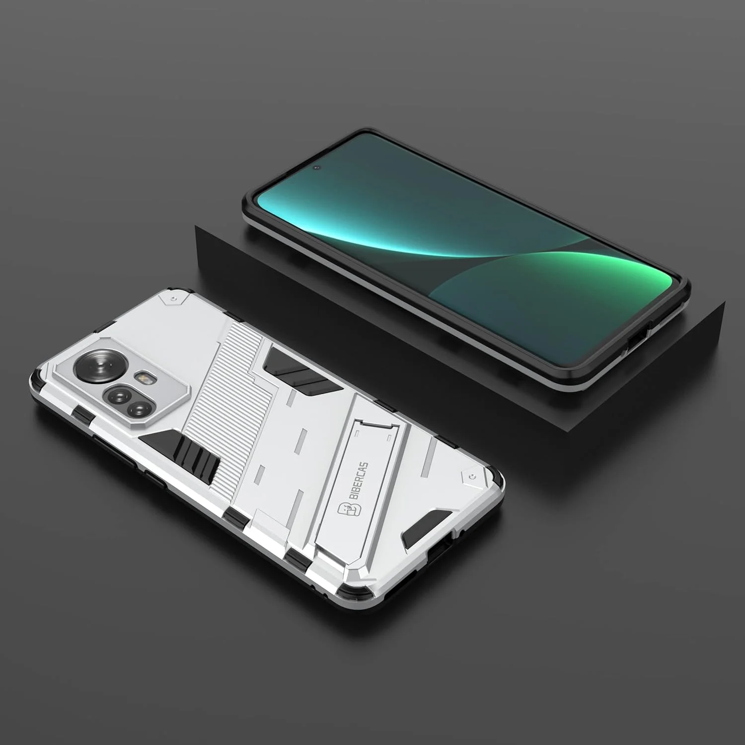 کیف محافظ گوشی QINOUK برای شیائومی 12 پرو، [ضد ضربه] [دارای پایه تاشو] TPU نرم و PC سخت، ضد خش، به همراه محافظ صفحه نمایش شیشه ای حرارت دیده [2 عددی]، برای شیائومی 12 پرو - سفید