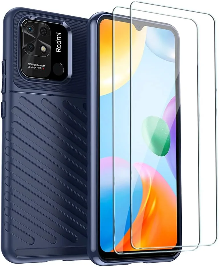 قاب محافظ گوشی QINOUK برای شیائومی Redmi 10C، قاب محافظ سیلیکونی [ضد ضربه] به همراه محافظ صفحه نمایش شیشه ای حرارت دیده [2 عددی] سازگار با شیائومی Redmi 10C - آبی