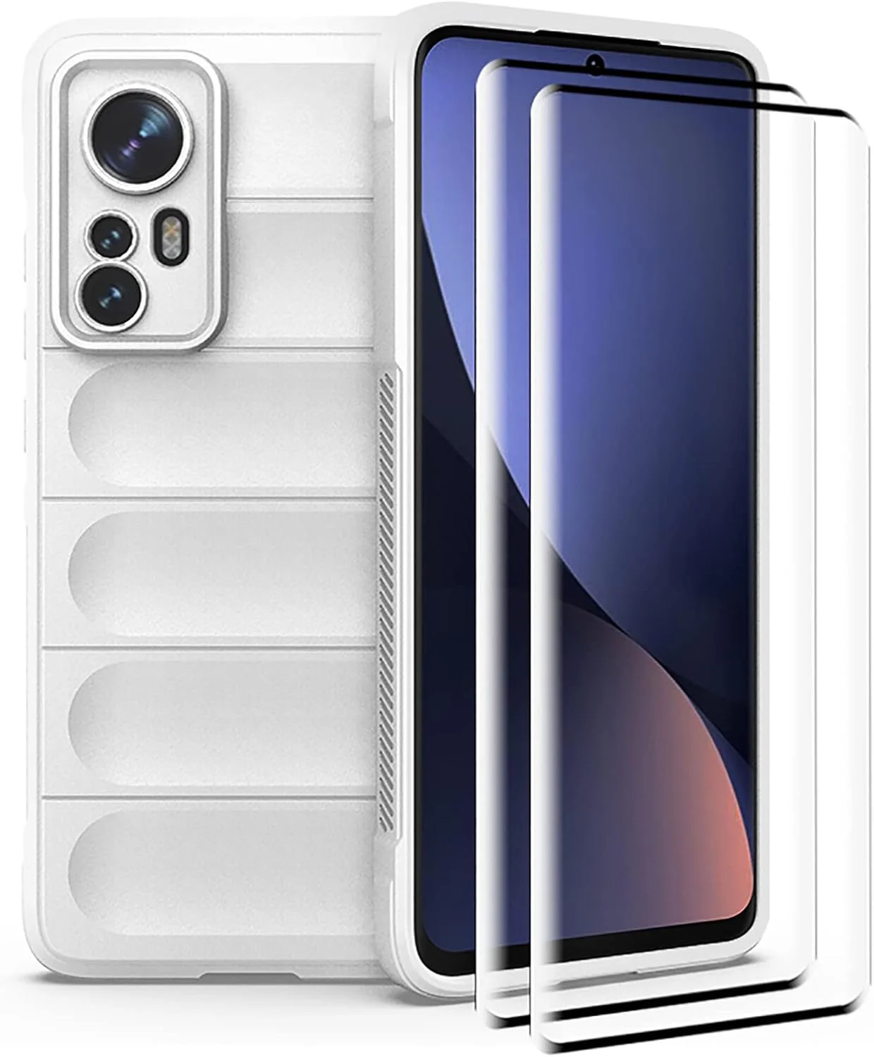 کاور محافظ GMUJIAO سازگار با گوشی Xiaomi 12S Pro، ضد لغزش، ضد ضربه، ضد خش، به همراه 2 محافظ صفحه نمایش شیشه ای حرارت دیده - سفید