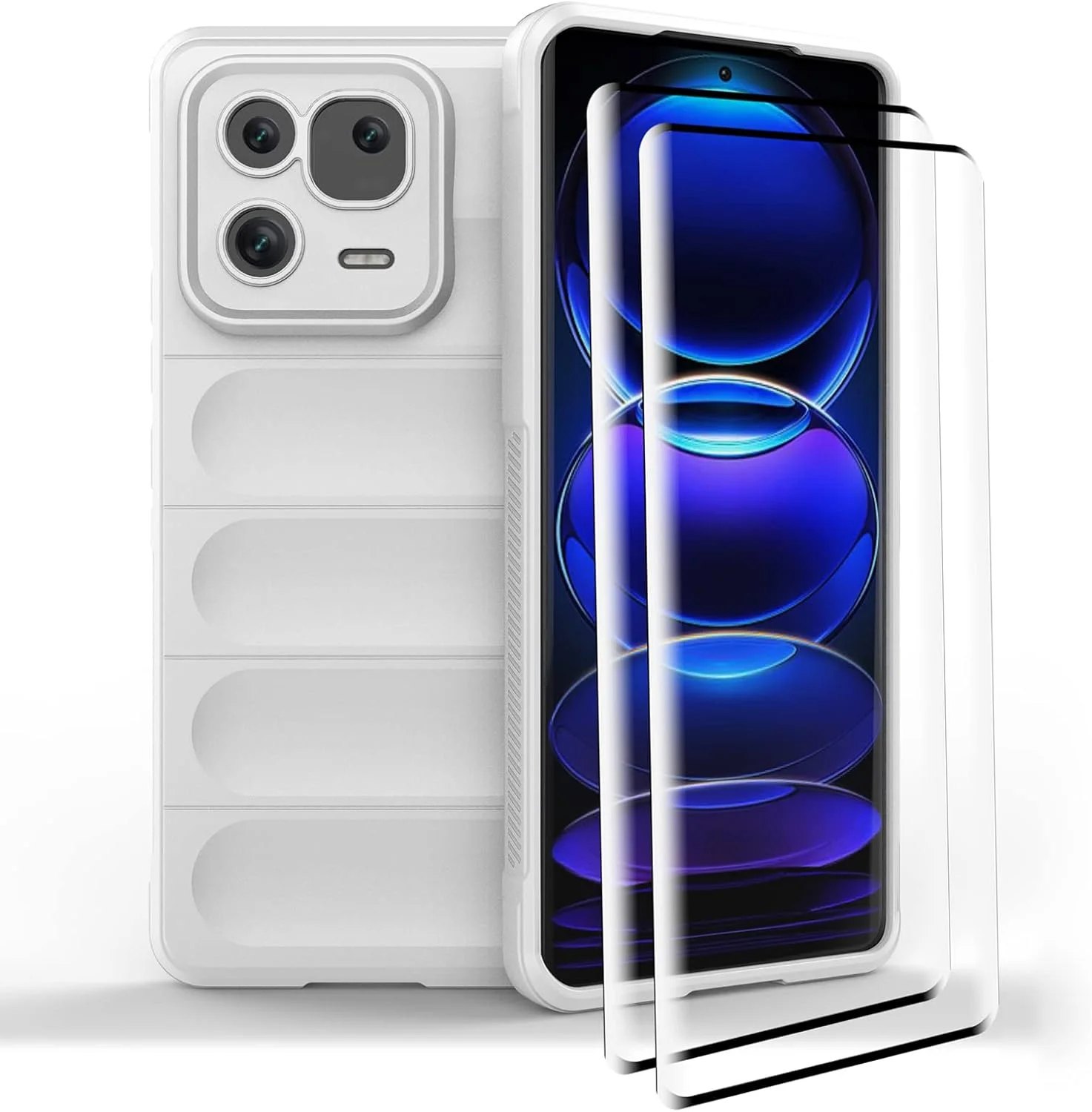 کاور محافظ GMUJIAO سازگار با گوشی Xiaomi 13، ضد لغزش، ضد ضربه، ضد خش، همراه با 2 محافظ صفحه نمایش شیشه ای حرارت دیده - سفید