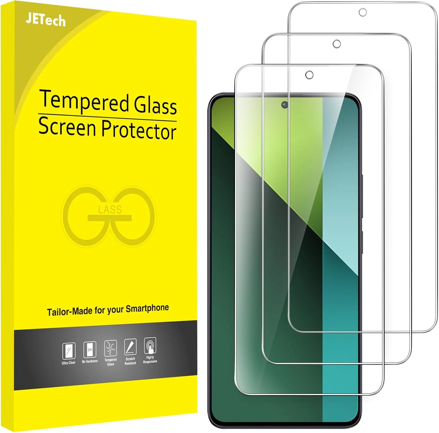 محافظ صفحه نمایش JETech برای گوشی شیائومی Redmi Note 13 Pro 5G، فیلم شیشه ای حرارت دیده 9H، ضد خش، شفاف HD، بسته 3 عددی