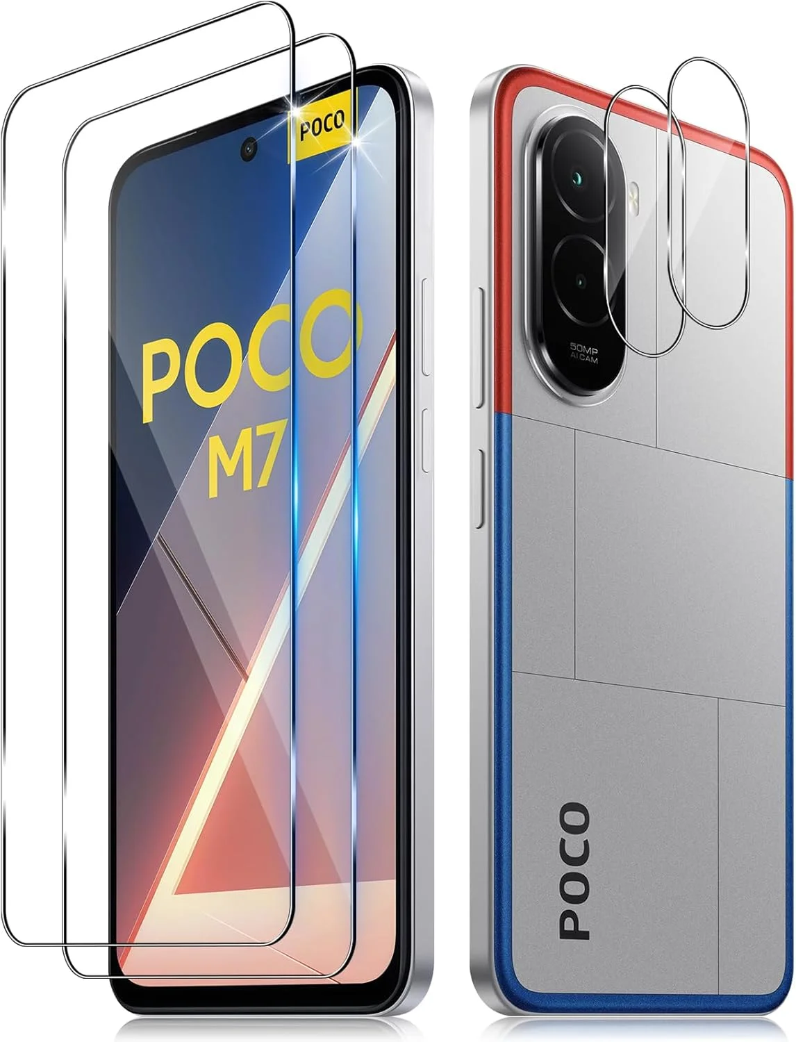محافظ صفحه نمایش Funrae برای شیائومی Poco M7 4G، شیشه حرارت دیده با محافظ دوربین، 2 عدد فیلم 0.33 میلی متری با سختی 9H و 2 عدد محافظ دوربین فوق شفاف، محافظ صفحه نمایش ضد خش HD