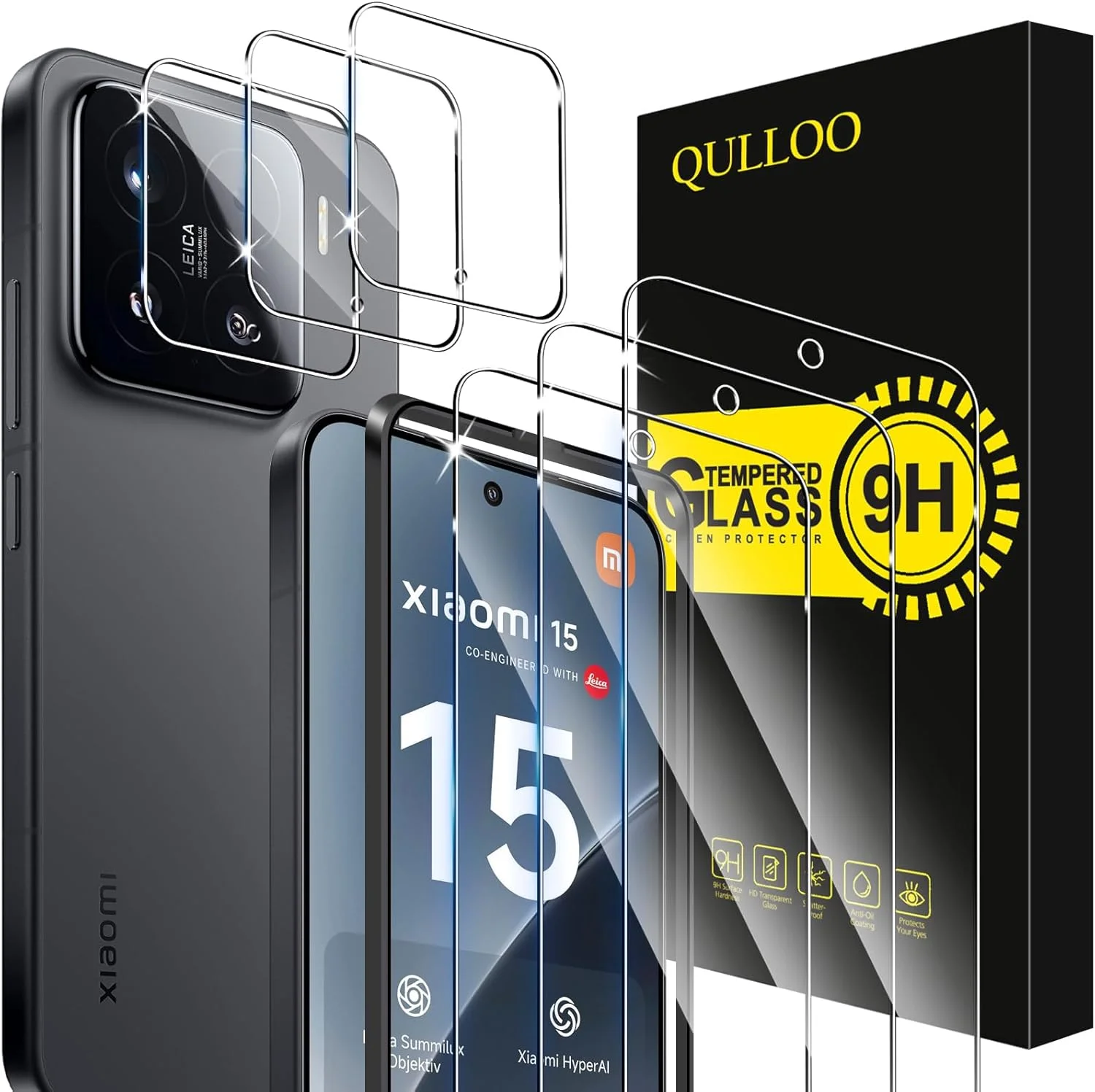 محافظ صفحه نمایش QULLOO برای شیائومی Mi 15، بسته 3 عددی شیشه حرارت دیده با سختی 9H، شفافیت HD، ضد اثر انگشت، ضد آب