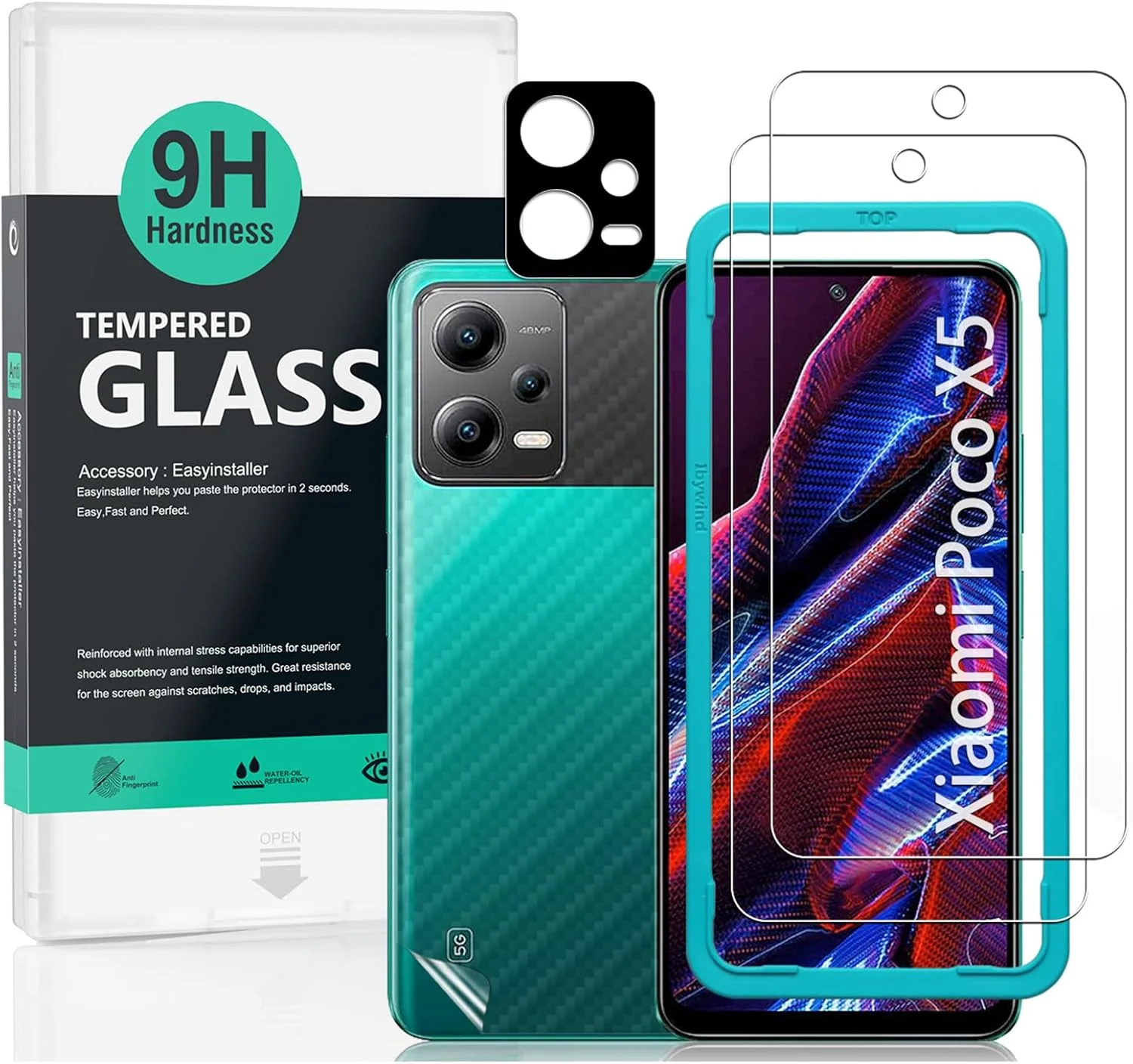 محافظ صفحه نمایش Ibywind برای شیائومی پوکو X5 5G (6.67 اینچ)، شامل 2 عدد شیشه حرارت دیده، 1 عدد محافظ لنز دوربین، 1 عدد فیلم فیبر کربنی پشتی [حسگر اثر انگشت، نصب آسان]