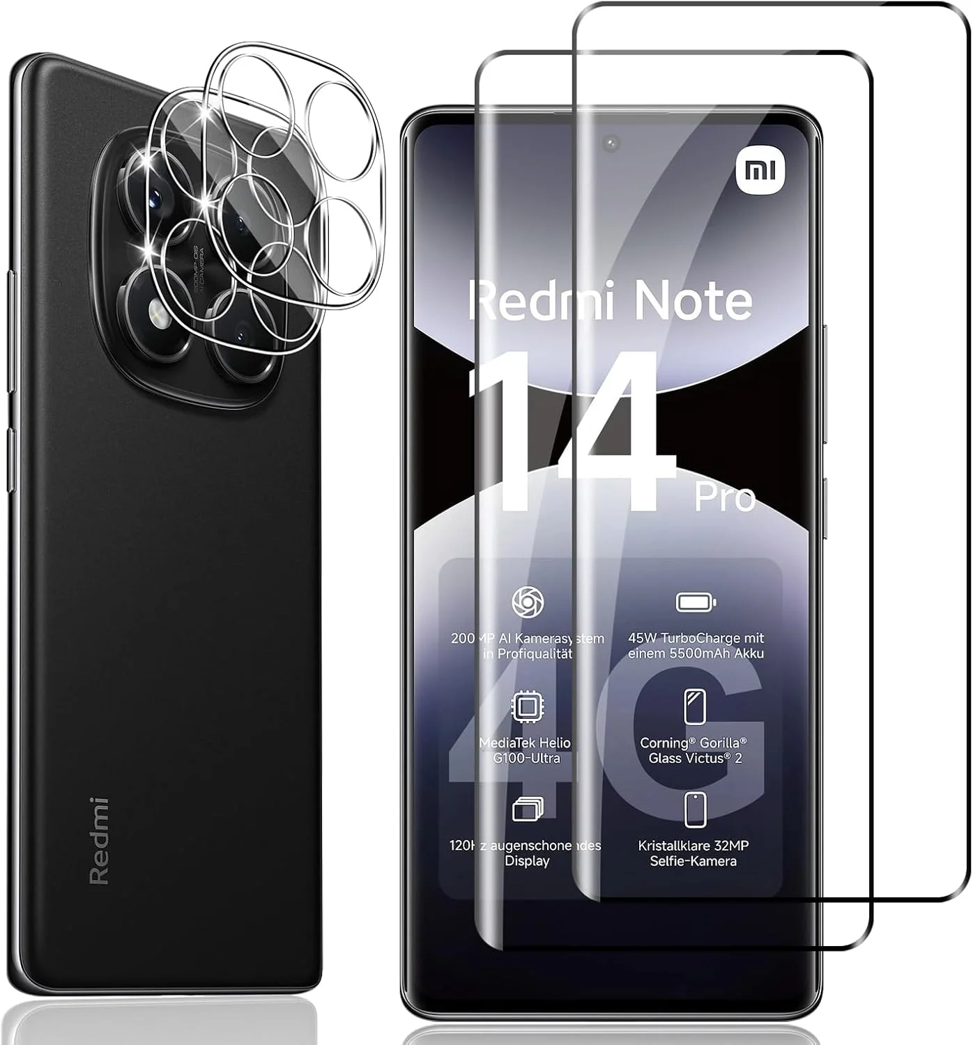 محافظ صفحه نمایش شیشه ای حرارت دیده Locofun برای گوشی شیائومی Redmi Note 14 Pro 4G، شامل 2 عدد محافظ صفحه نمایش و 2 عدد محافظ لنز دوربین عقب، فیلم شیشه ای حرارت دیده با سختی 9H و وضوح فوق العاده بالا