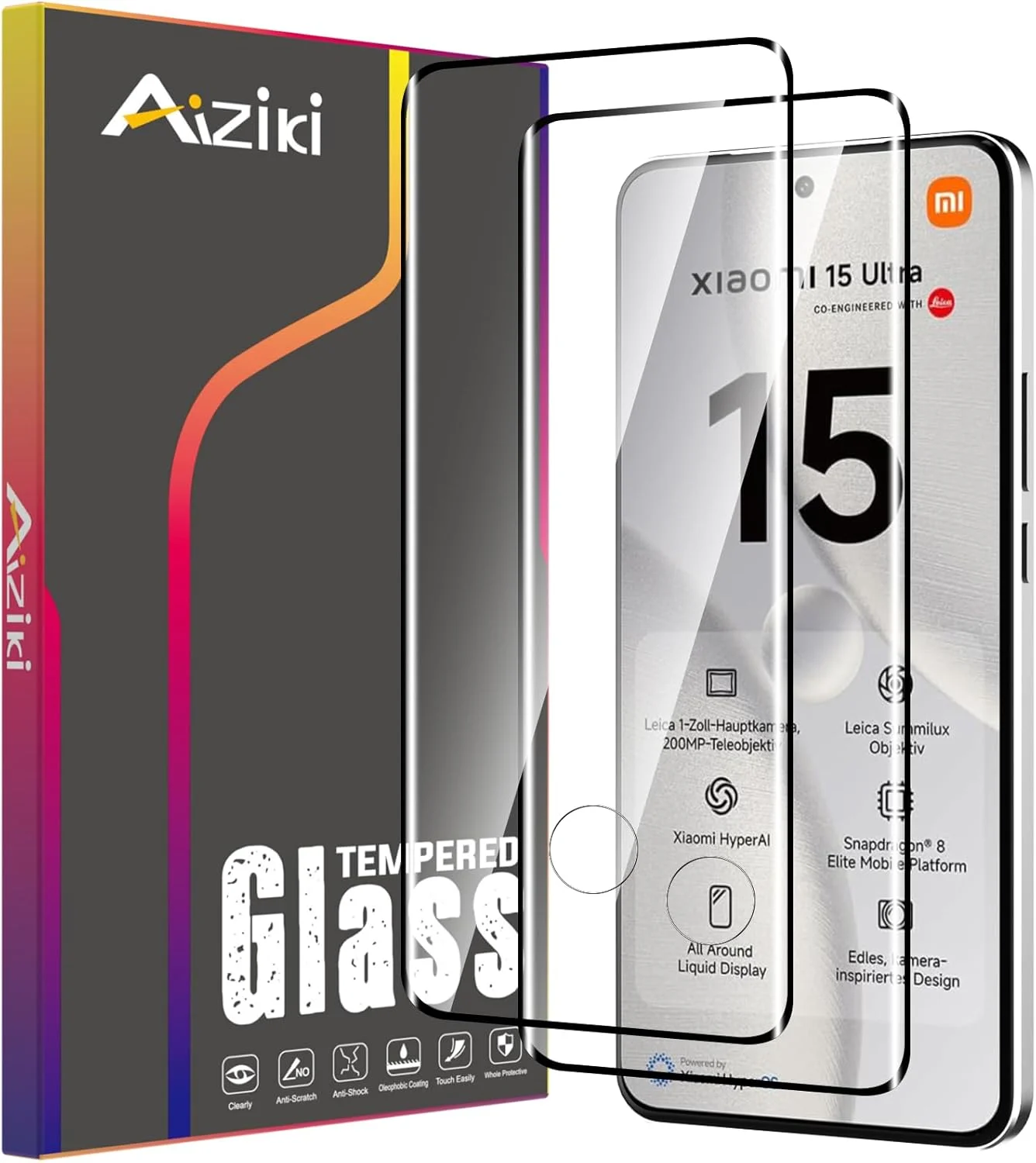 محافظ صفحه نمایش شیشه ای حرارت دیده Aiziki برای شیائومی 15 پرو/ 15 اولترا، بسته 2 عددی، (0.33 میلی متر HD فوق العاده شفاف) محافظ شیشه ای با سختی 9H برای شیائومی 15 پرو/ 15 اولترا