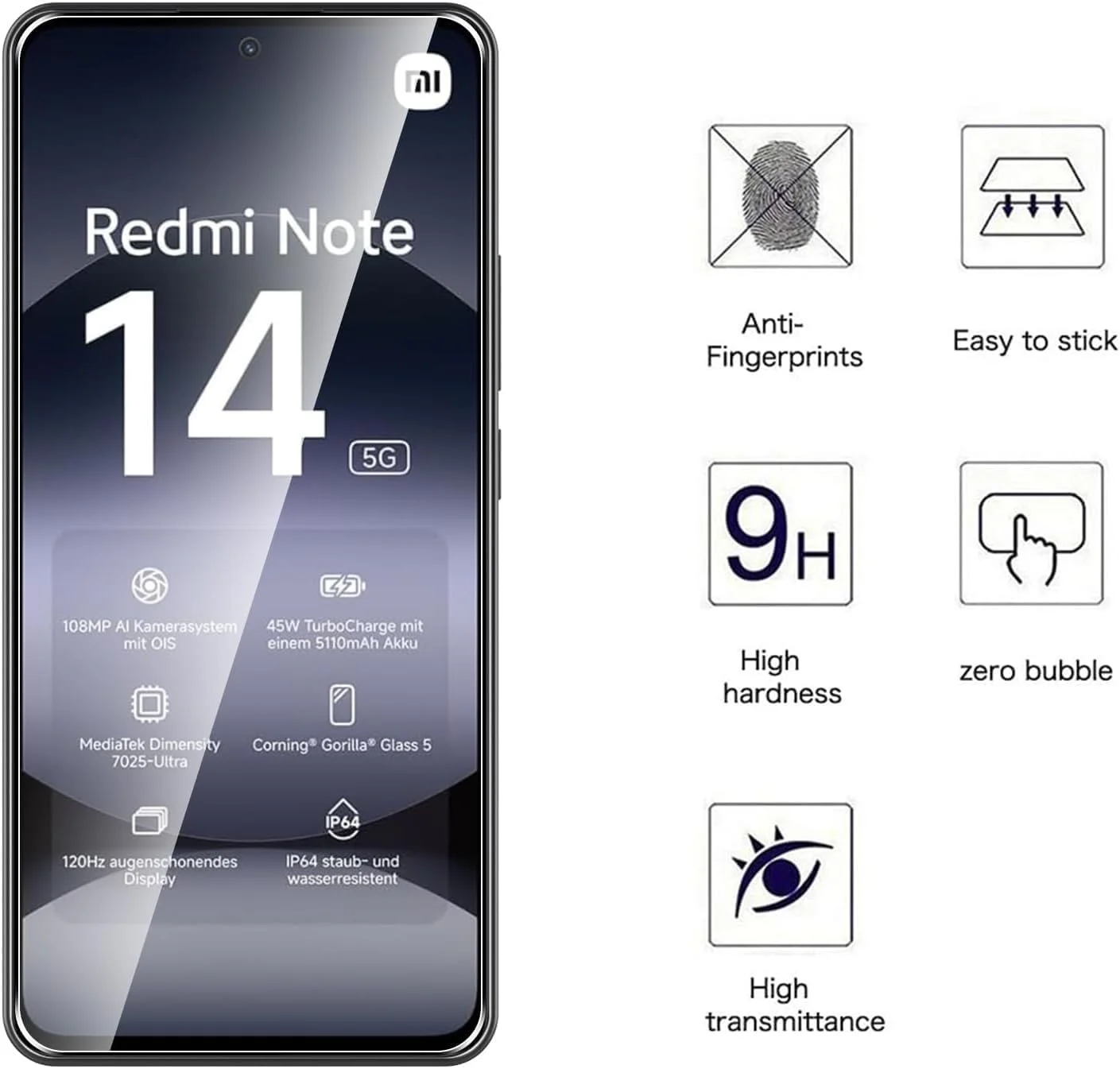 [بسته 2 عددی] محافظ صفحه نمایش شیشه ای حرارت دیده WRTBS برای گوشی شیائومی Redmi Note 14 4G، سختی 9H، وضوح بالا، پوشش کامل، مقاوم در برابر خش، بدون حباب، ضد اثر انگشت