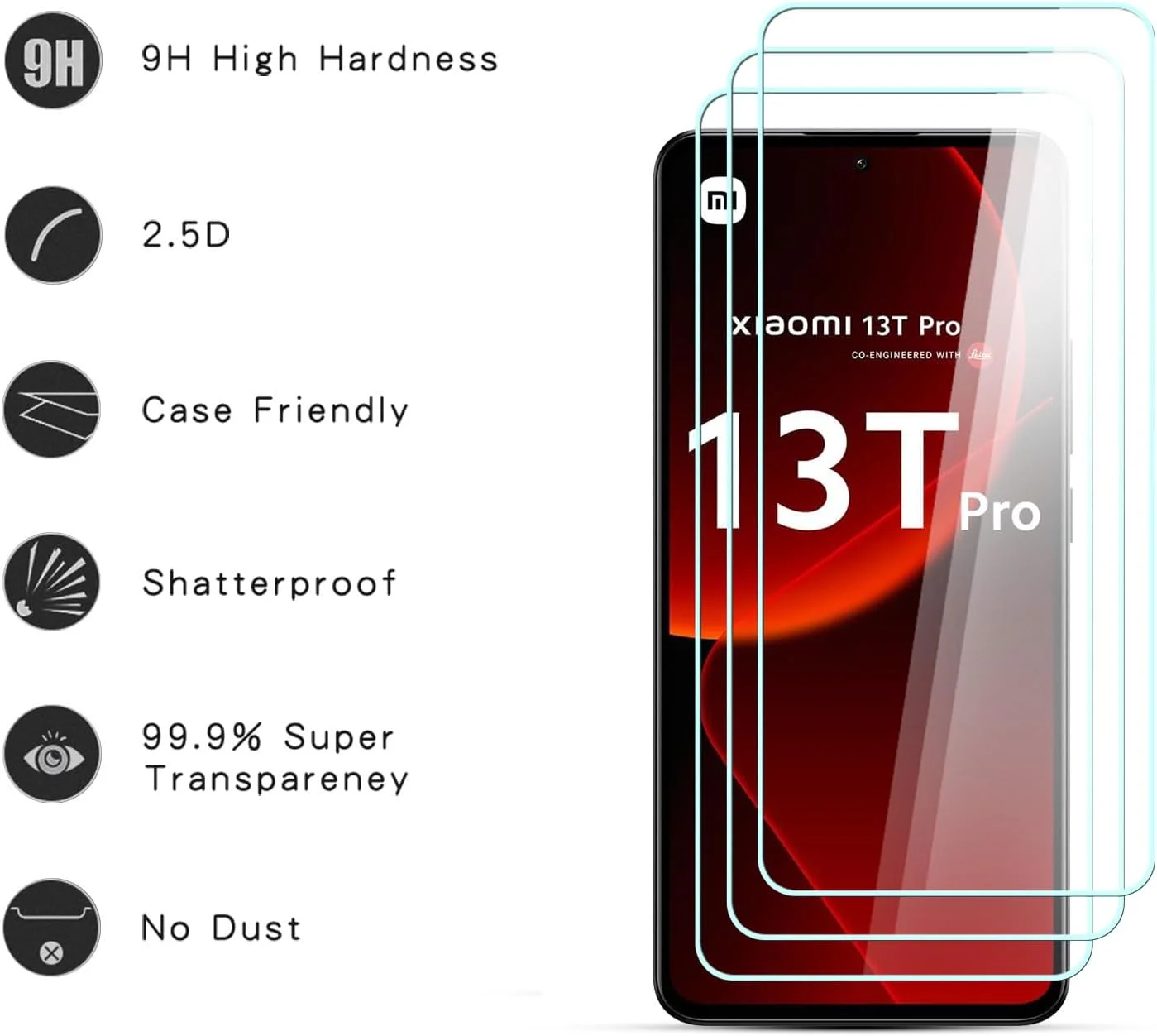 محافظ صفحه نمایش شیشه ای Zidwzidwei برای شیائومی 13T Pro [3 عدد]، سختی 9H، وضوح بالا بدون حباب، فیلم محافظ مقاوم در برابر خراش برای شیائومی 13T Pro