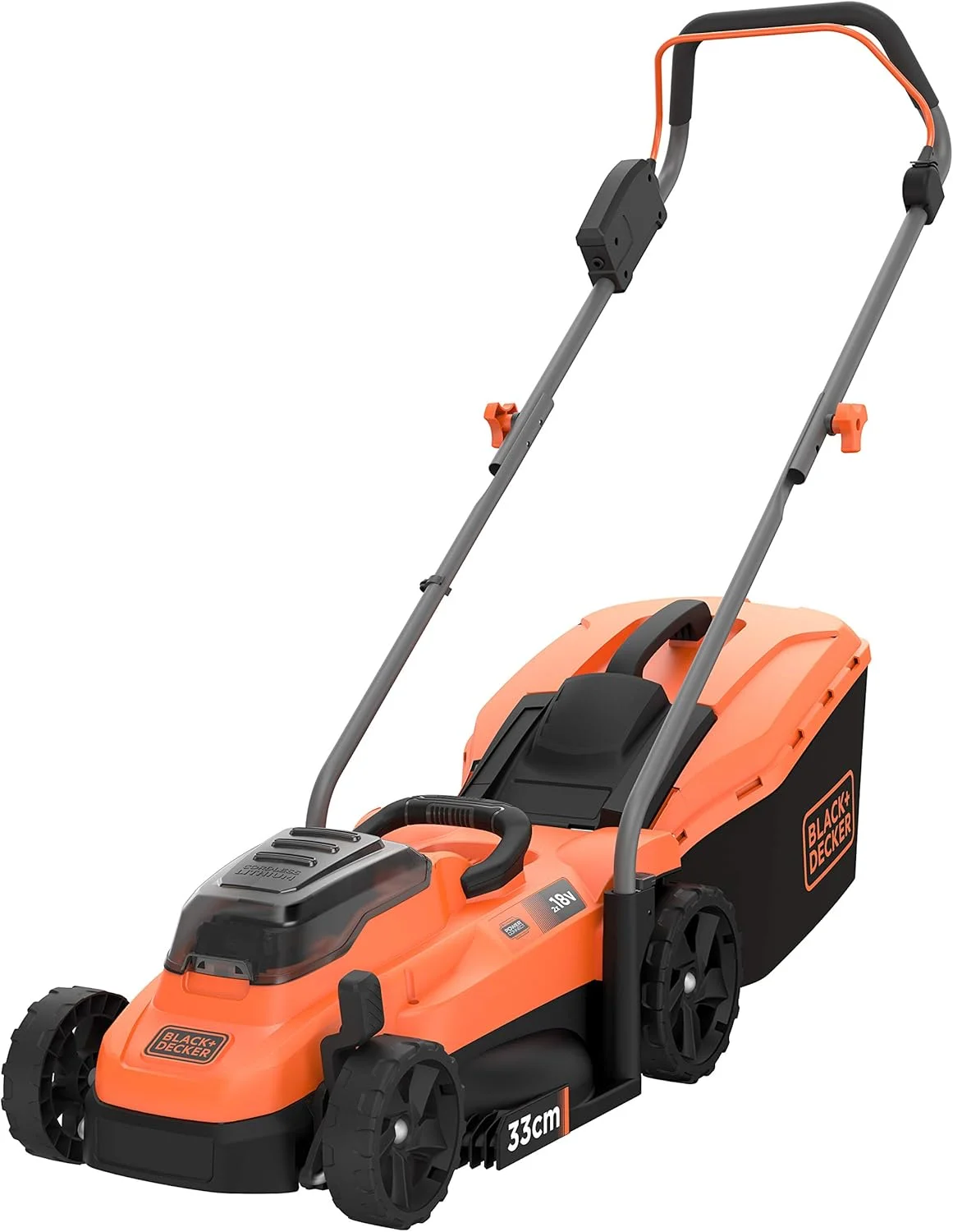 چمن زن برقی BLACK+DECKER BCMW3318L2 با 2 باتری و شارژر (کارکرد با 2 عدد باتری 18 ولت، 2.5 آمپر ساعت، عرض برش 33 سانتی متر، برای باغ های کوچک، تنظیم ارتفاع 5 حالته)
