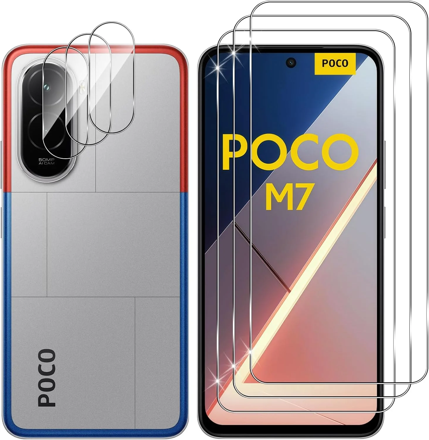 Lutree Tempered Glass Screen Protector for Xiaomi Poco M7 4G, Pack of 3 + 3 Protective Glass + Camera Protection Film, 9H Hardness Anti-Scratch Screen Protector, Bubble-Free HD Screen Protector