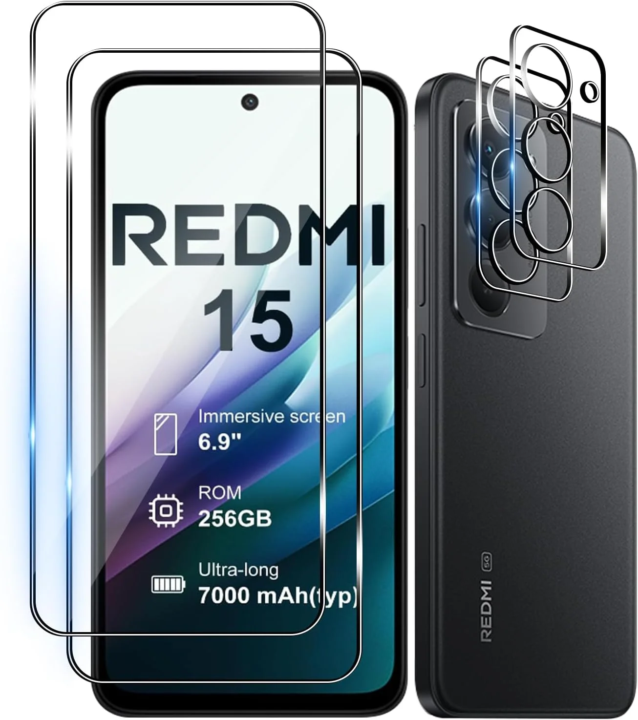 Bihizei Tempered Glass for Xiaomi Redmi 15 4G/5G, 2 Pieces Screen Protector and 2 Pieces Rear Camera Protective Film, 9H Hardness, Anti-Scratch, HD